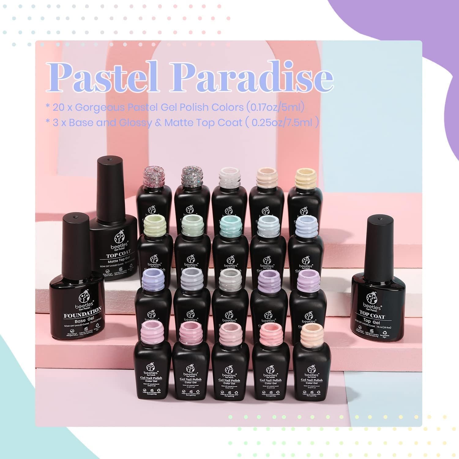 Beetles Pastel Gel Nail Polish Kit,20 Color Spring Macaron Colors Bright Pink Green Nail Art Spring Gel Polish Set With Base Gel