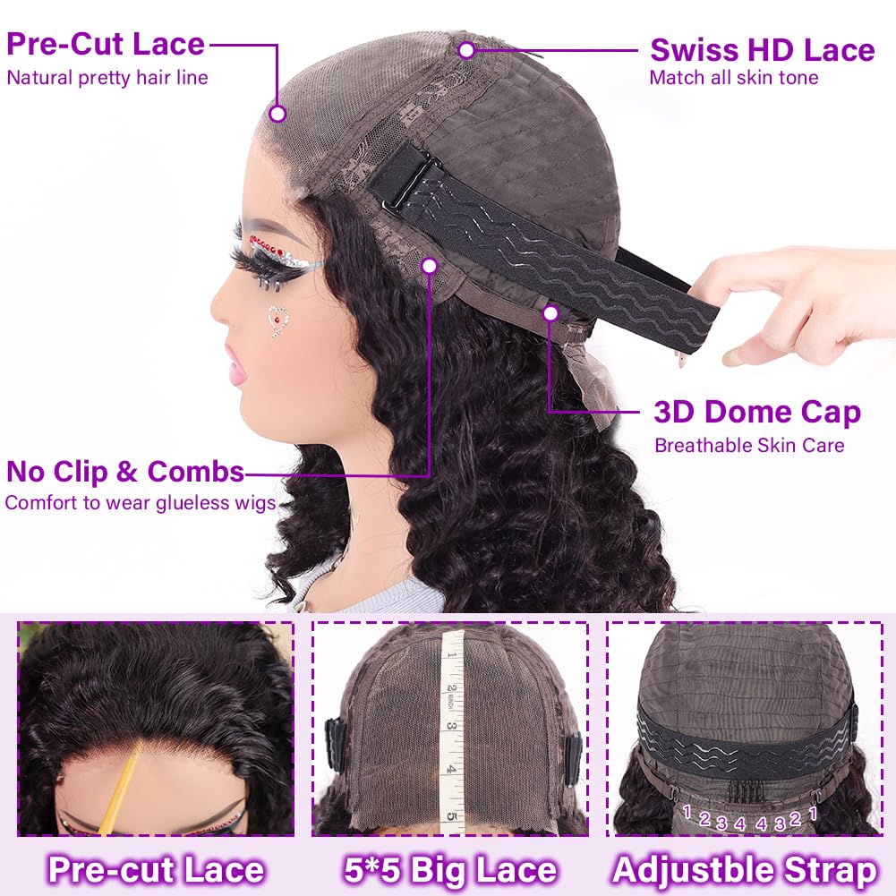 UCUVIC Curly Bob Wig Human Hair 5x5 Wear And Go Glueless Wigs Human Hair Pre Plucked Pre Cut Deep Wave Lace Front Closure Wigs F