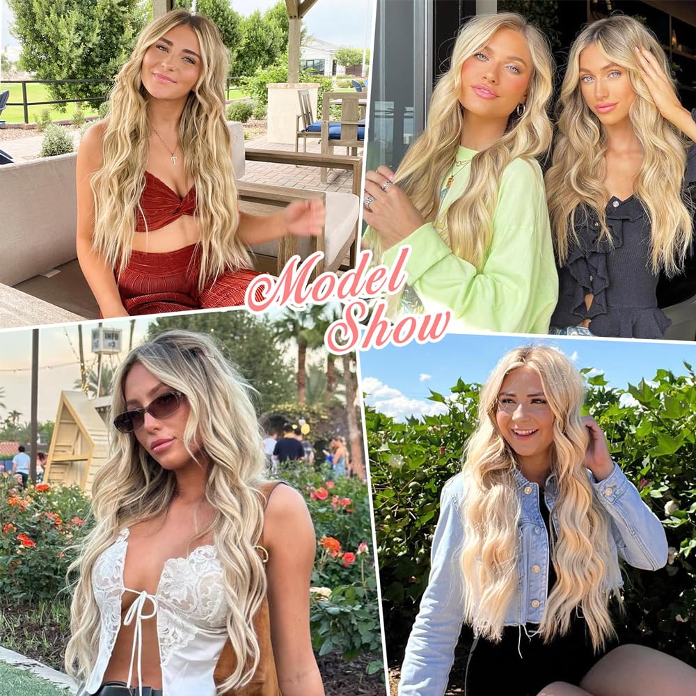 Alxnan Clip In Long Wavy Synthetic Hair Extension 20 Inch Beach Blonde 4Pcs Thick Hairpieces Fiber Double Weft Hair For Women