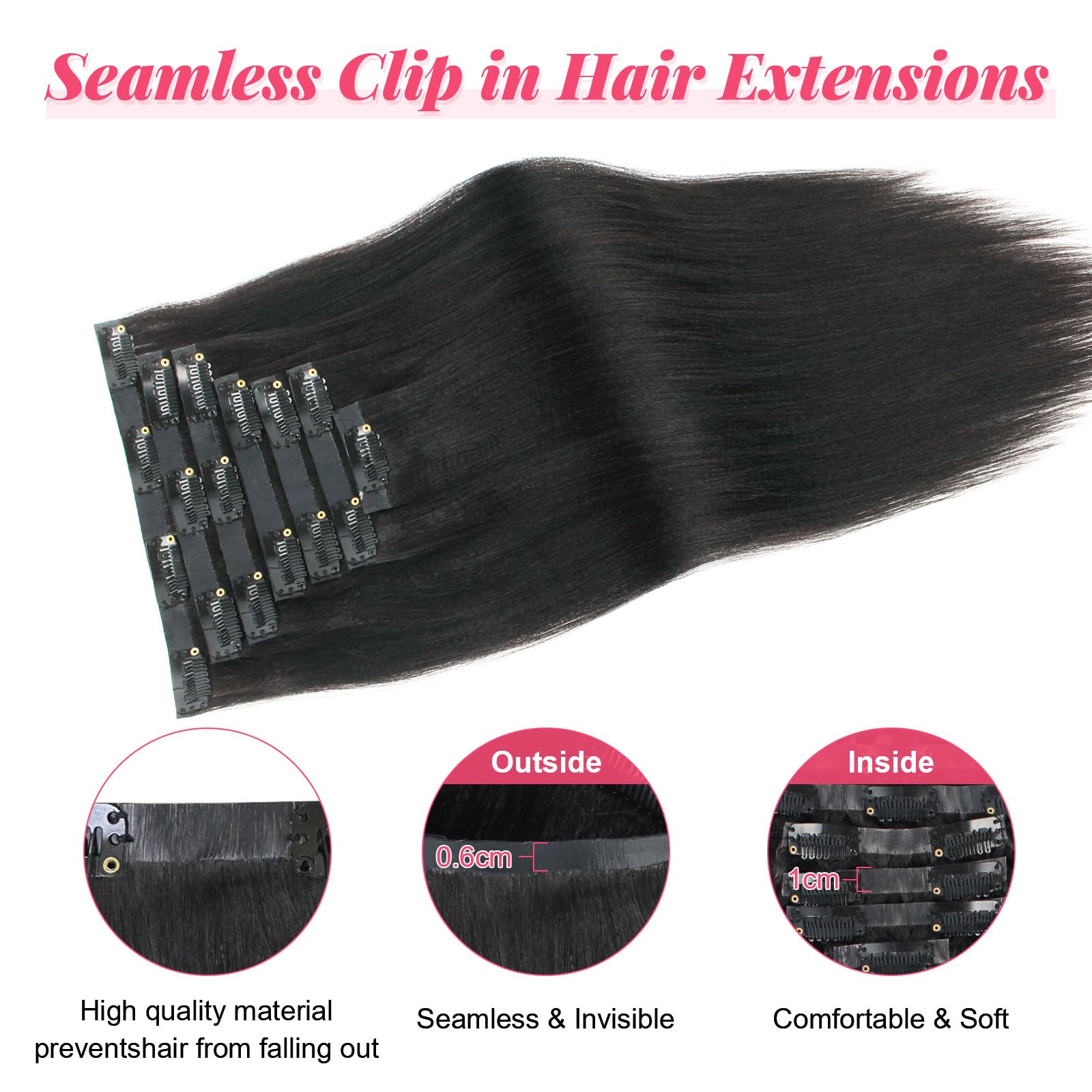 Sasisna Real Human Hair Extensions Clip Ins Yaki Straight 22 Inch Nature Black Seamless Pu Clip In Hair Extensions Double Wefted