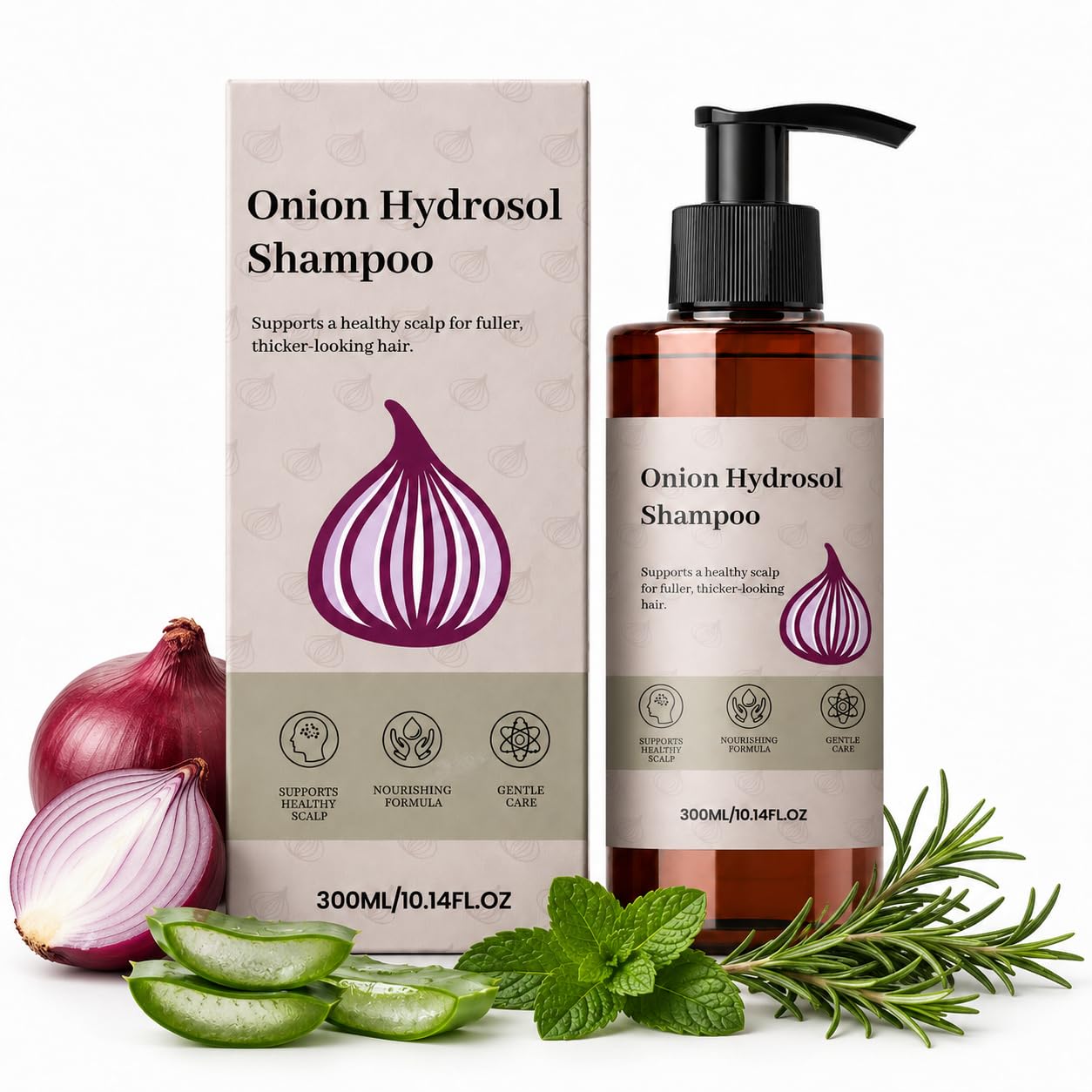 Onion Hydrosol Shampoo with Rosemary & Biotin, Gentle Scalp Care Shampoo for FullerLooking Hair, Nourishing Botanical Formula f