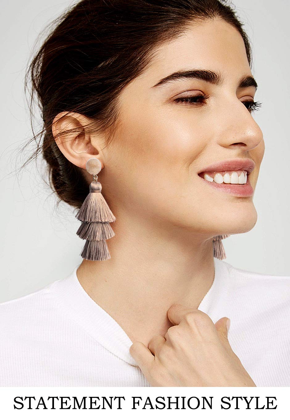 Bohemian 3-Tier Thread Tassel Earrings Khaki Light Brown Drop Dangle Earrings for Women Chandelier Statement Fringe Earrings Gif