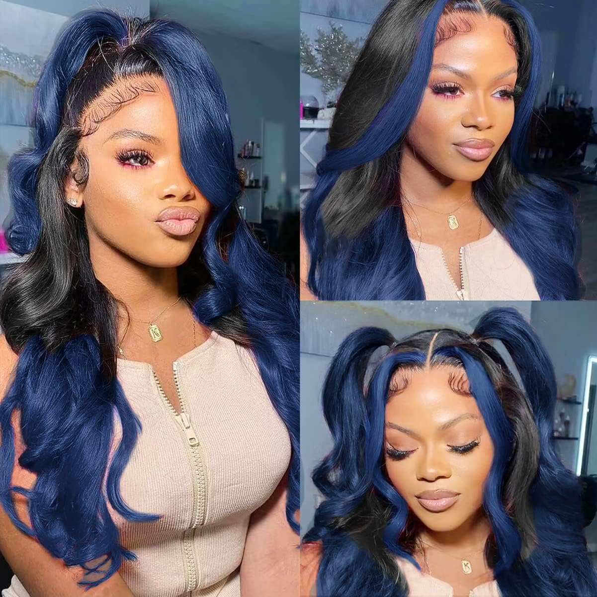 Ombre Blue13X4 Lace Front Wigs Human Hair Body Wave 1B/Blue Skunk Stripe Lace Frontal Wigs Pre Plucked Hairline Royal Blue Highl