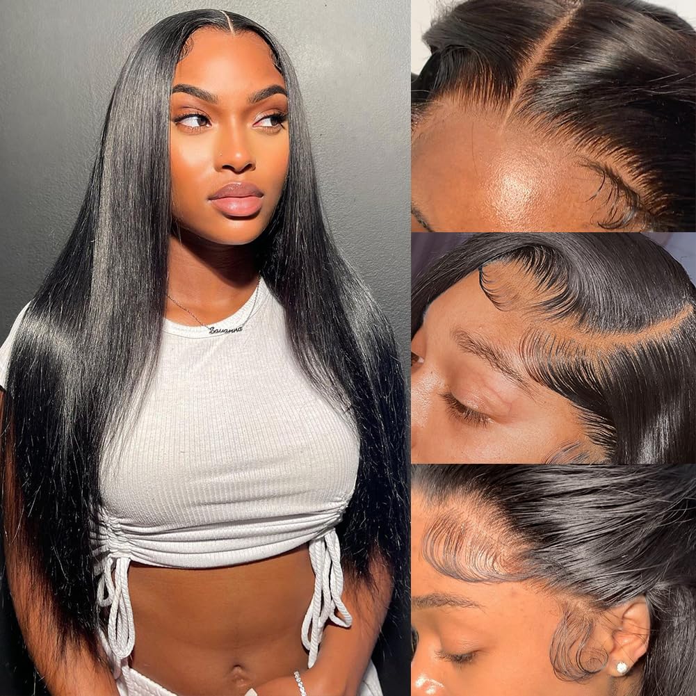 Flady 20 inch Black Straight Lace Front Wigs Human Hair Pre Plucked Bleached Knots 13x4 HD Lace Frontal Wigs Human Hair 180% Den