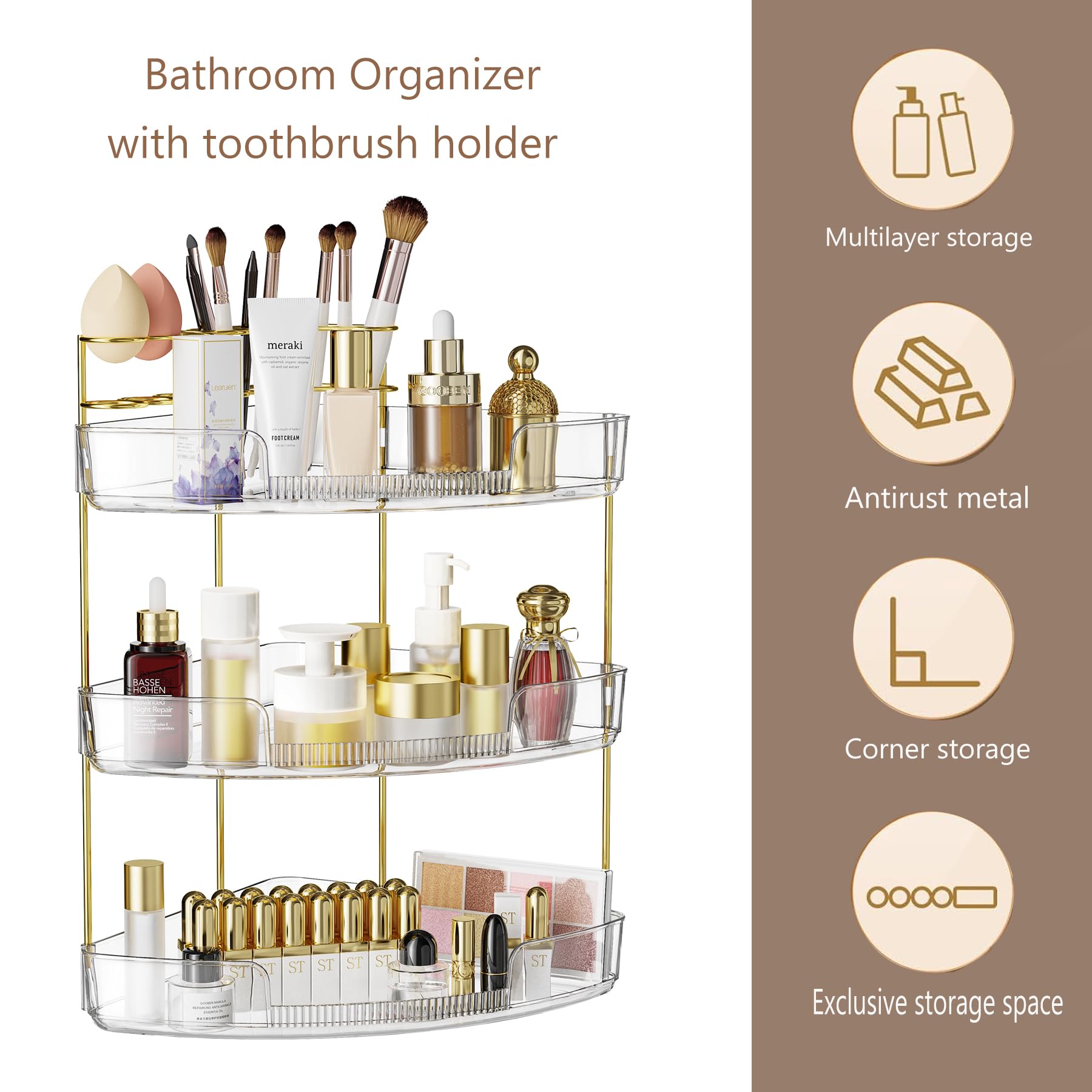 FELIZHOUSE 3-Tier Makeup Organizer for Vanity & Bathroom Countertop - Acrylic Storage Shelf with Perfume Tray & Makeup Brush Hol