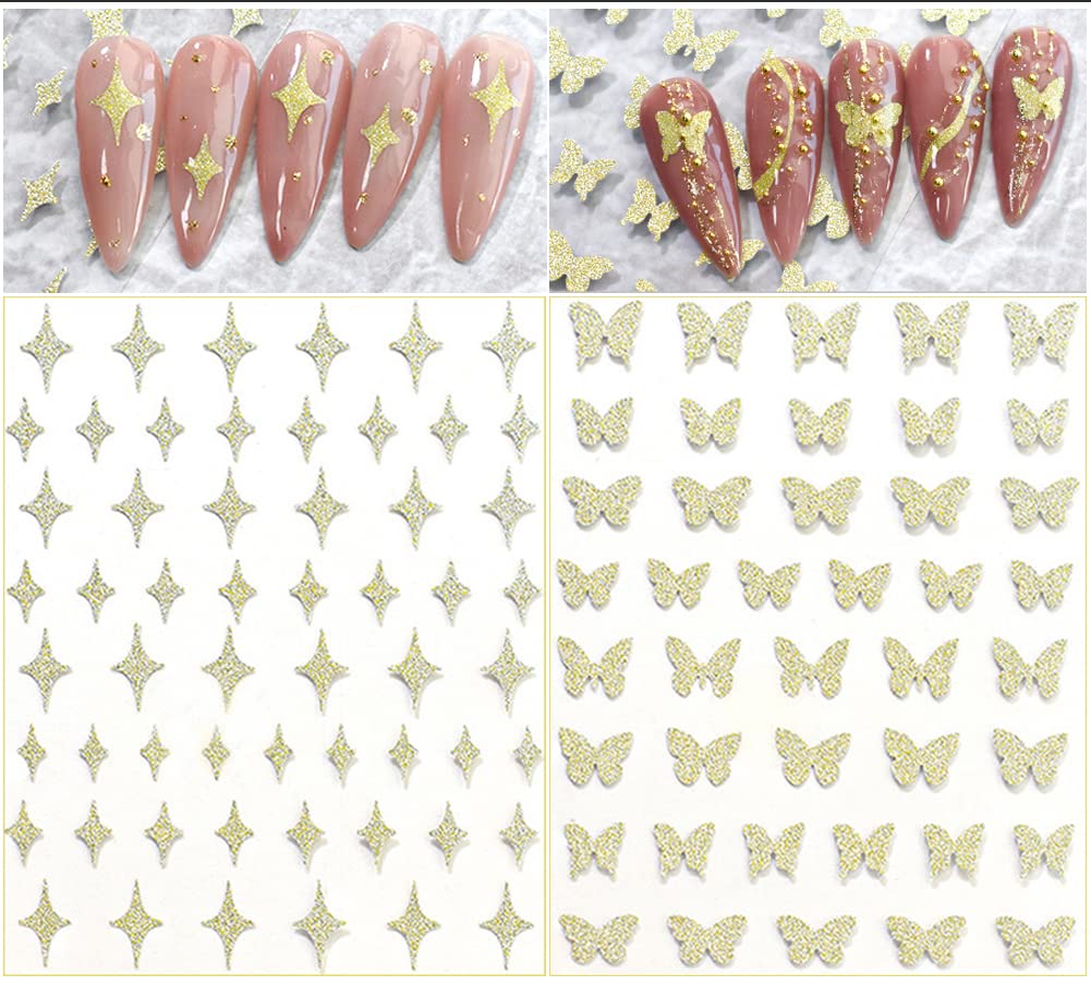 6 Sheets Gold Nail Art Adhesive Stickers,3D Metallic Self-Adhesive Nail Decals Heart Butterfly Flame Star Glitter Nail Art Desig