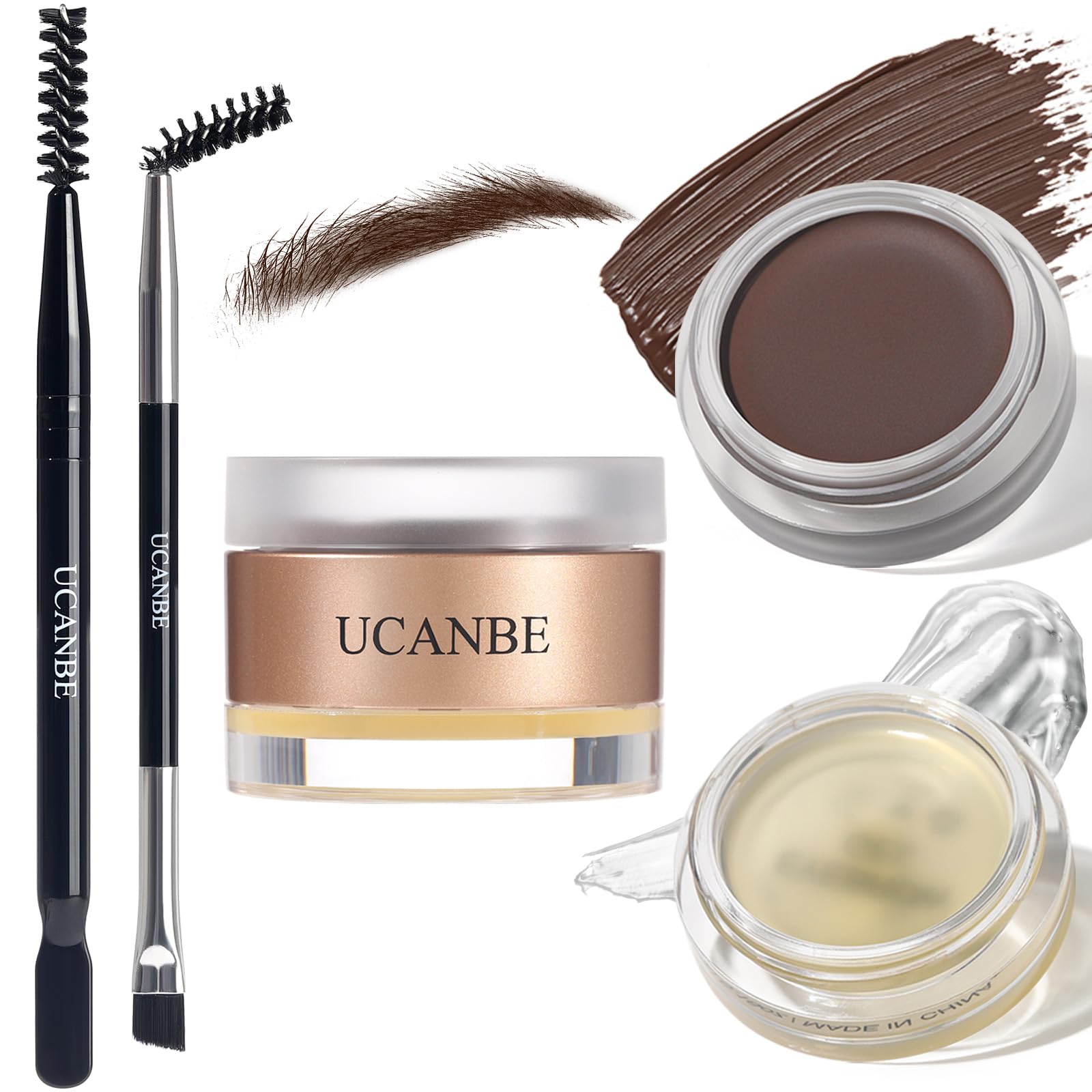 UCANBE Waterproof Eyebrow Gel + Eyebrow Styling Wax 2 in 1 Makeup Kit with 2 Pcs Dual-ended Adjustable Freely Eyebrow Brush Make