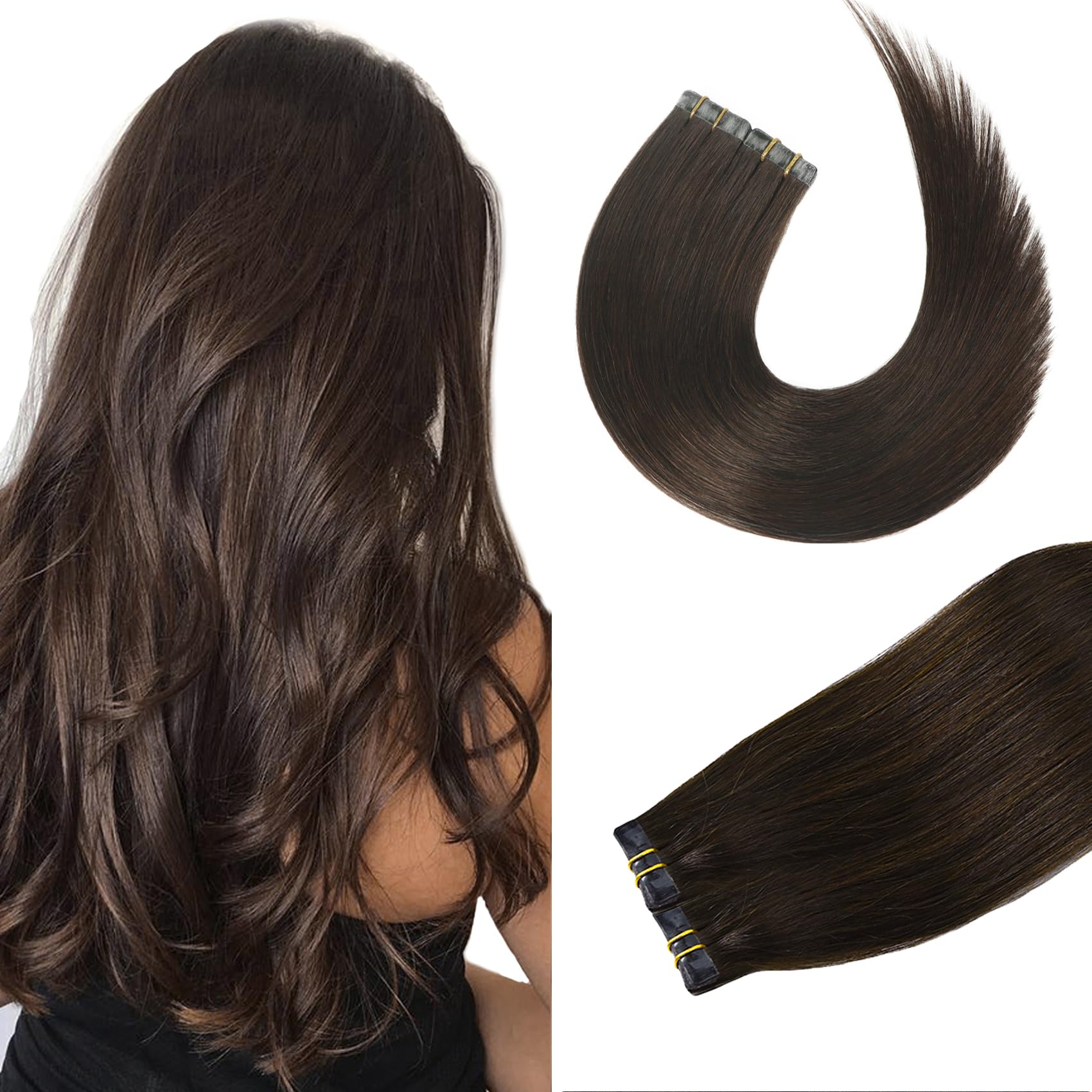 Aison Dark Brown Tape In Hair Extensions Human Hair 18 Inches 40G 20 Pcs/Pack Invisible Tape Ins Human Hair Extensions Real Hair