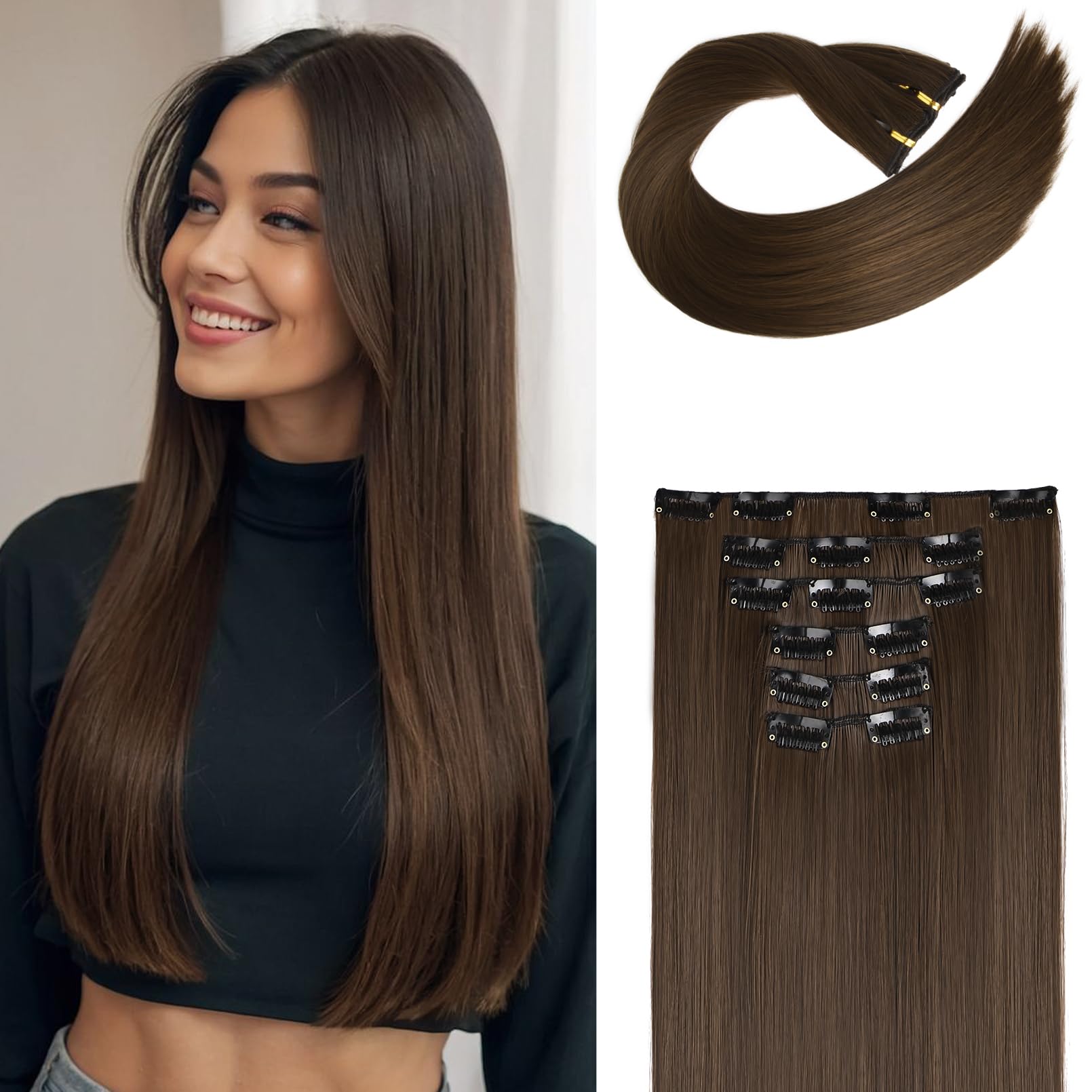 Flufymooz 6PC Clip in Hair Extensions 24'' Straight Long Extensions for Women Synthetic Hairpiece (Chestnut Brown)