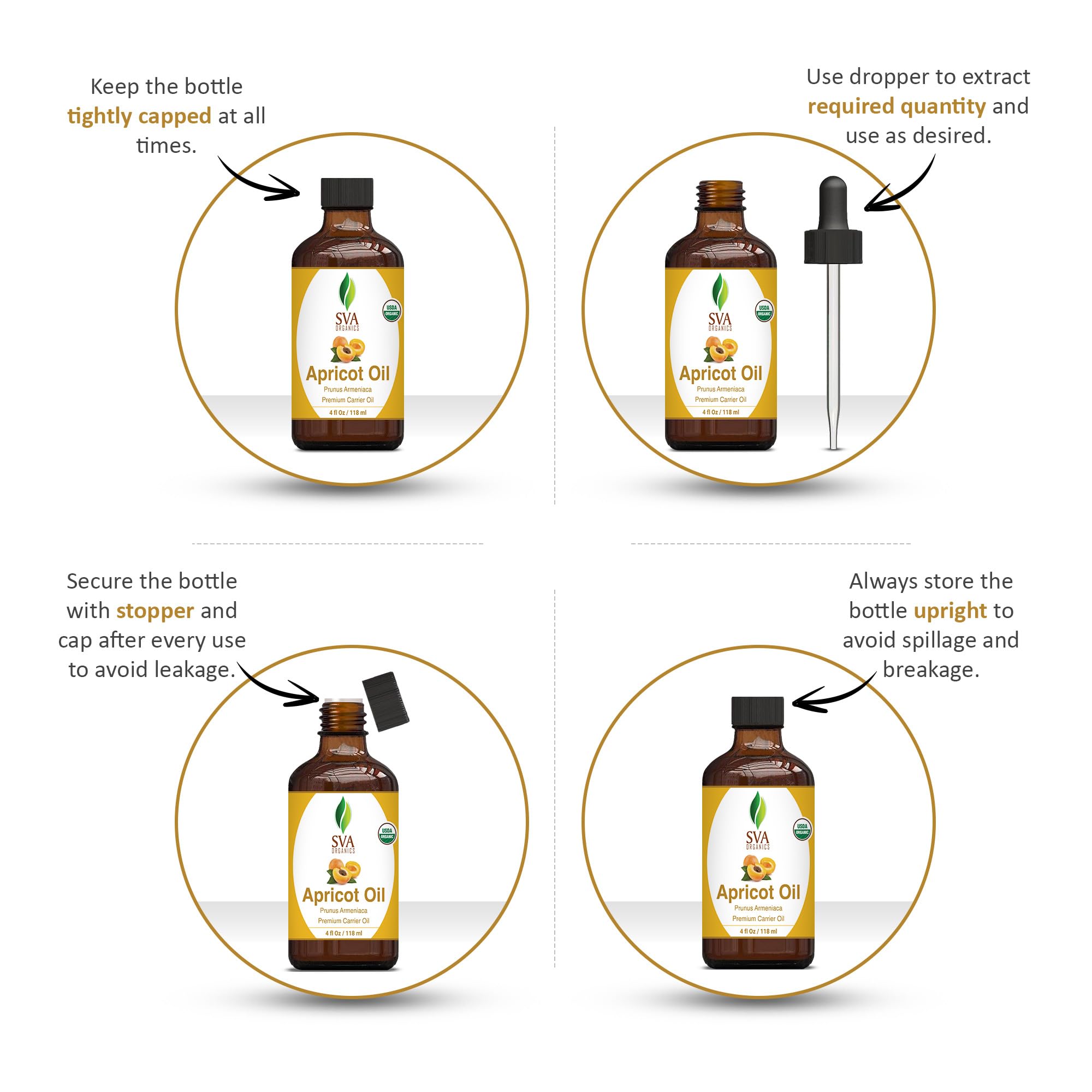 Sva Apricot Seed Oil Organic - 4 Fl Oz - 100% Natural Cold Pressed Organic Apricot Oil - For Face, Skin Care, Hair Care, Scalp M