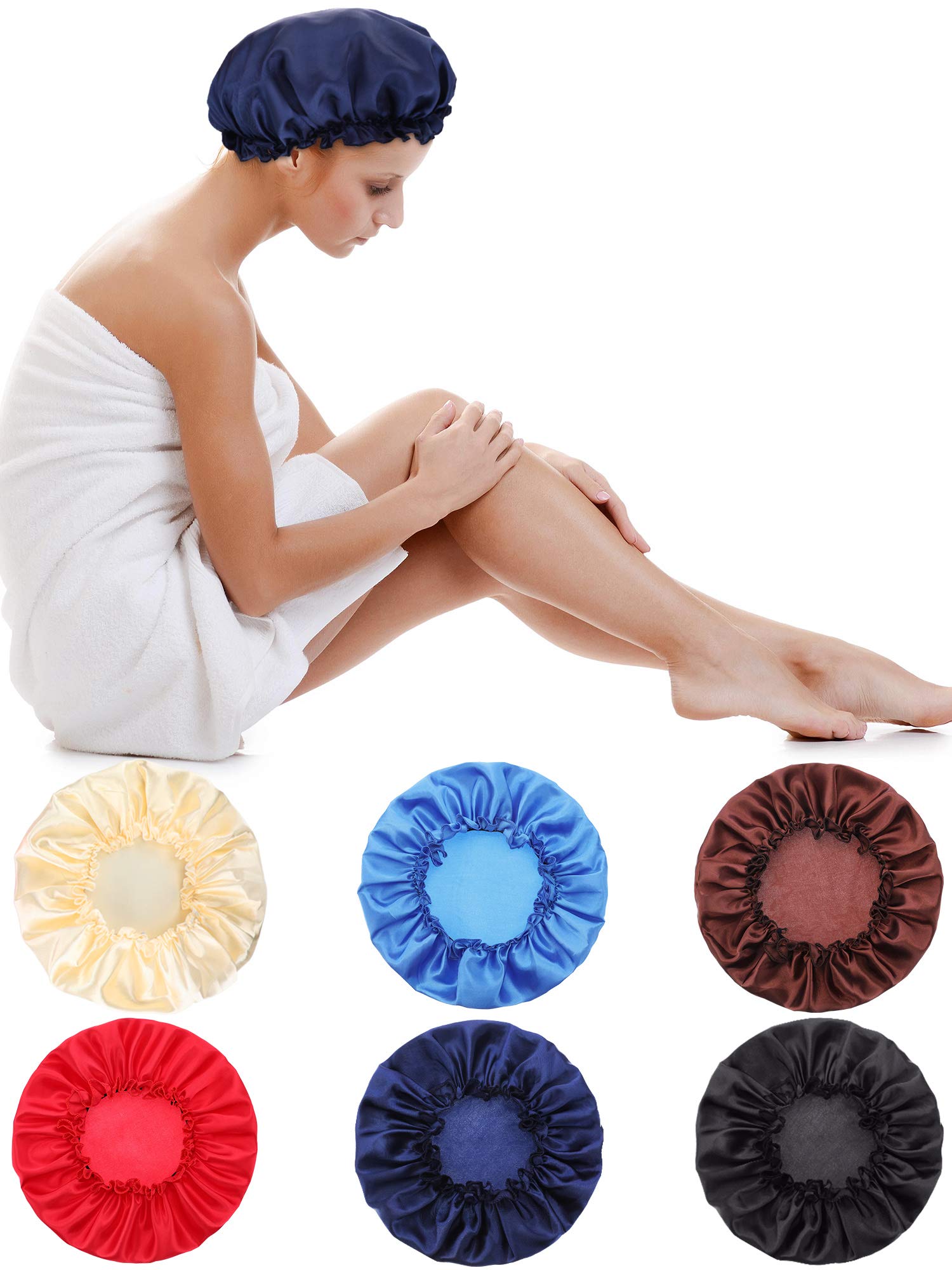 6 Pieces Sleep Cap Satin Bonnet Sleeping Hat Soft Elastic Night Hair Cover For Women Girls (Red, Navy Blue, Dark Blue, Brown, Bl