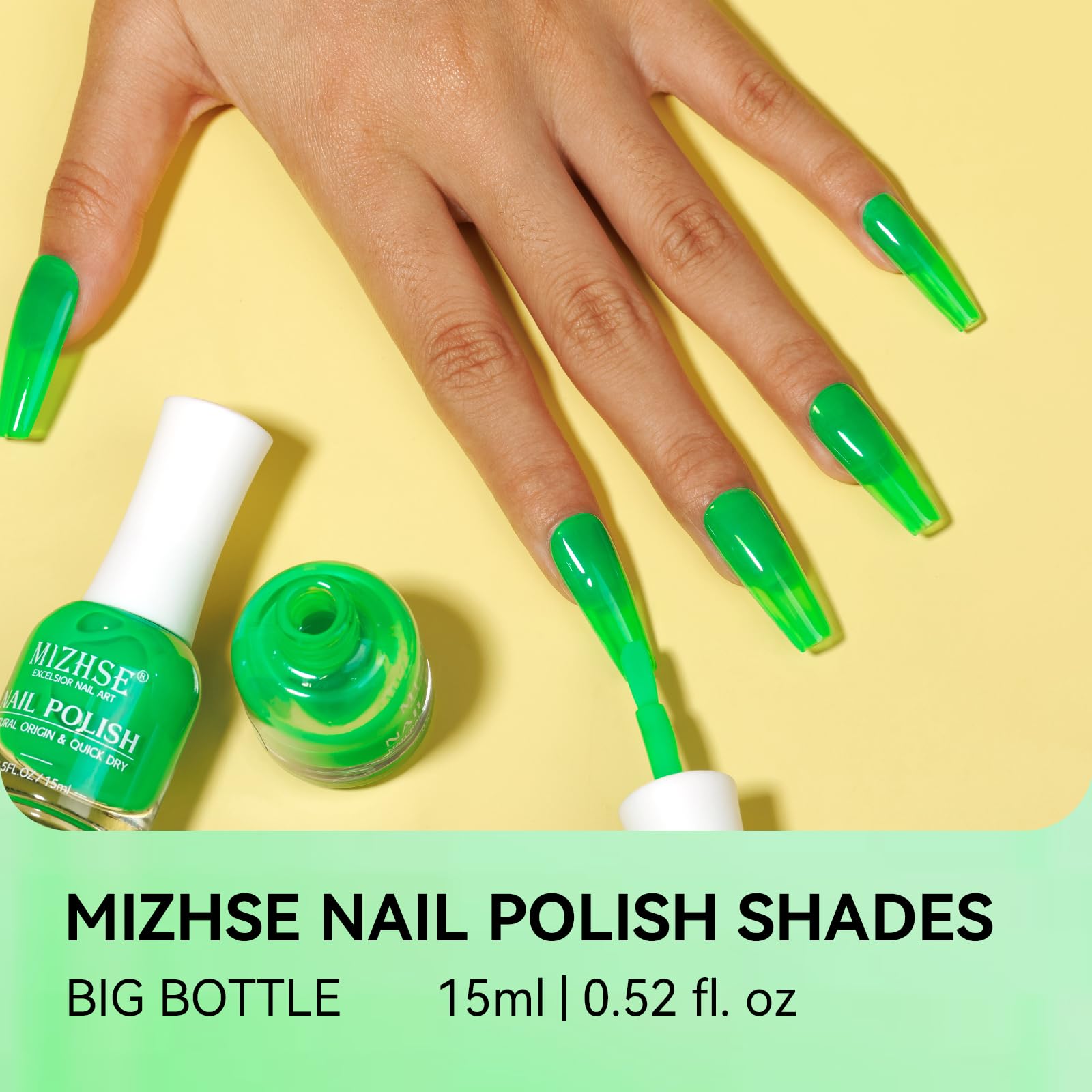 Mizhse Quick Dry Nail Polish: Neon Green Bright Nail Polish Air Dry Fast, 15Ml/0.5 Fl Oz Regular Water-Based Nail Lacquer Non-Ge