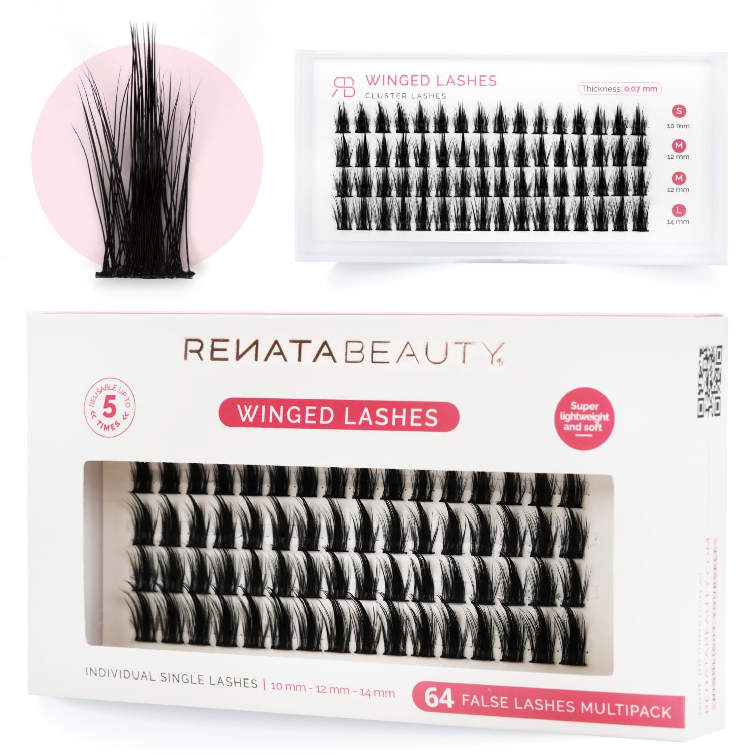 Renata Beauty Winged Lashes - 64 pcs Multipack, Varied Lengths (10mm, 12mm, 14mm), Dramatic Winged Effect, C Curl, Easy to Apply