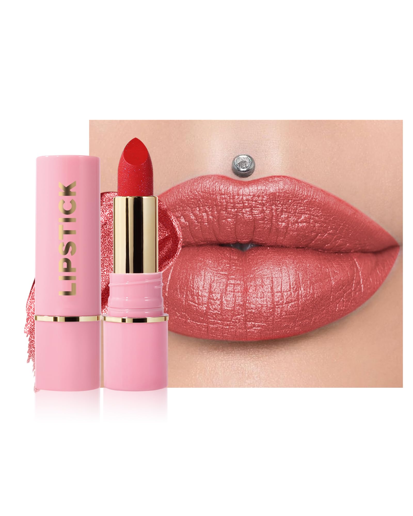 Diamond Glitter Matte Lipstick,Red Metallic Shimmer Lip Gloss Lip Tint,Longlasting Waterproof Non-Stick Lip Color,Full Coverage