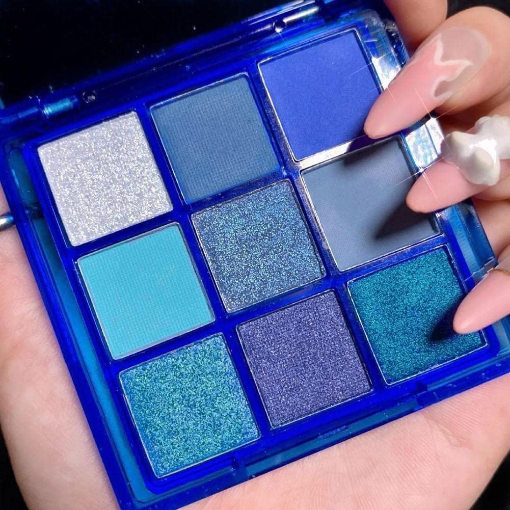 Go Ho 9 Style Blue Grey White Powder Makeup Eyeshadow Palette,Matte & Pearl Shimmer Design Waterproof Cool Blue Eye Eyeshadow Pa