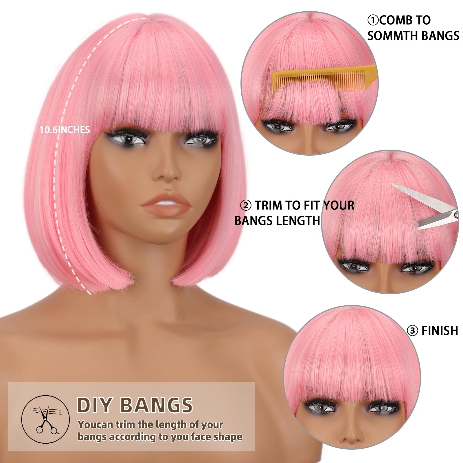 Werd Short Pink Bob Wig For Women Light Pink Wig With Bangs Synthetic Hair Straight Pink Bob Wig For Daily Party Cosplay