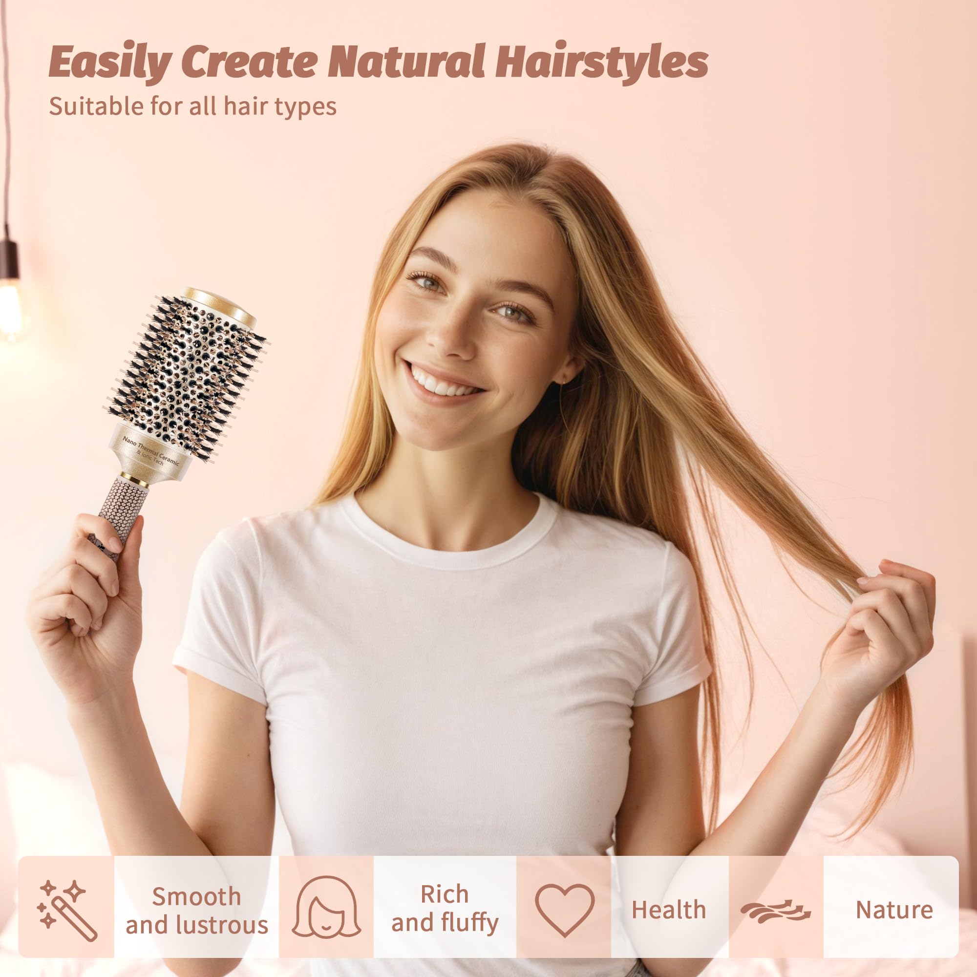 Round Brush for Blow Out, Nano Thermal Ceramic & Ionic Tech Round Barrel Roller Hair Brush with Boar Bristles for Blow Drying an