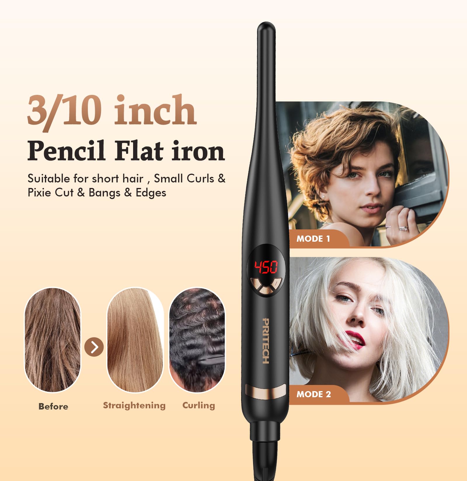 Small Flat Iron, 3/10 Pencil Flat Iron for Short Hair, Pixie Cut and Bangs, Negative Ions Small Hair Straightener for Edges with