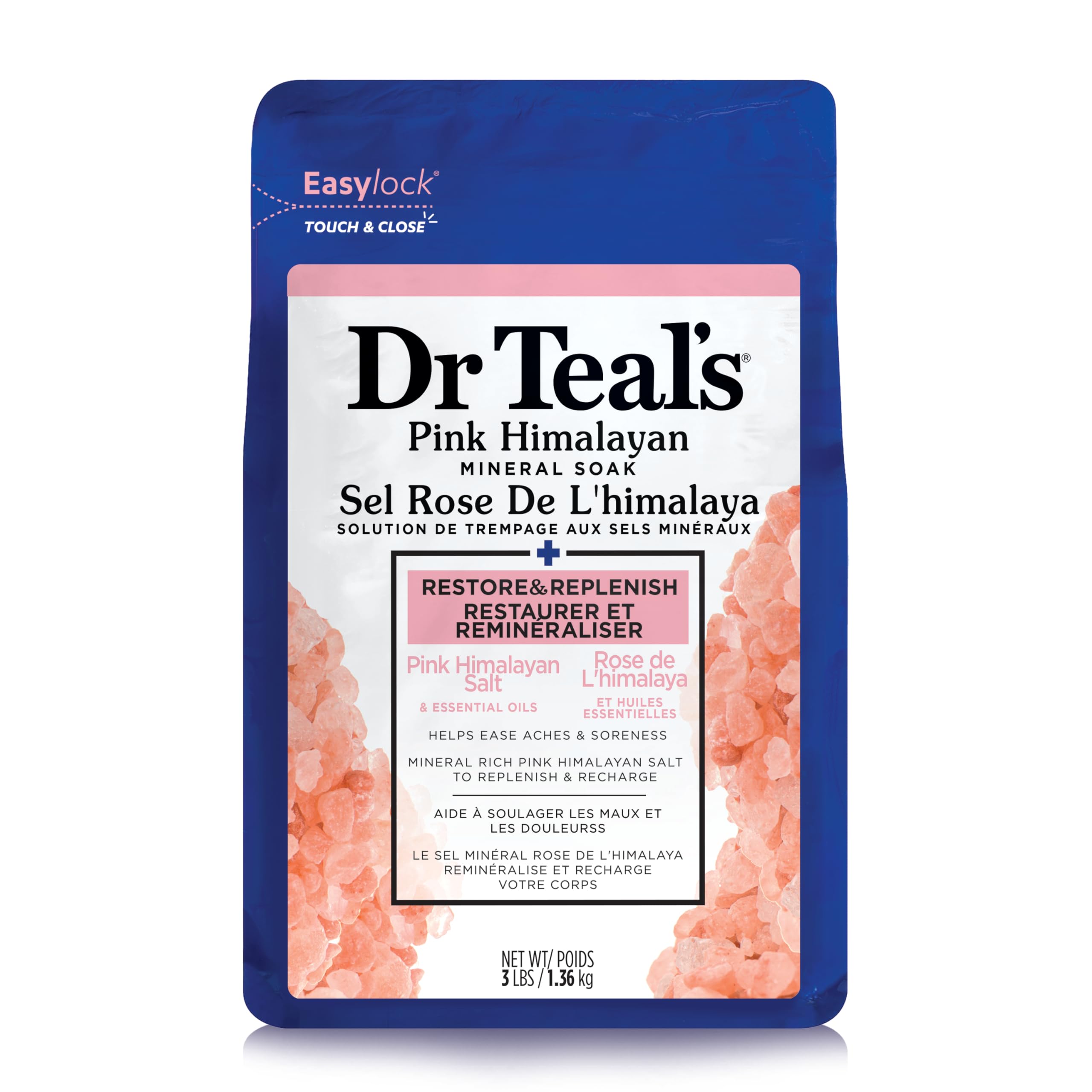 Dr Teal 's Pink Himalayan Mineral Soak, Restore & Replenish with Pure Epsom Salt, 3 lbs (Packaging May Vary)