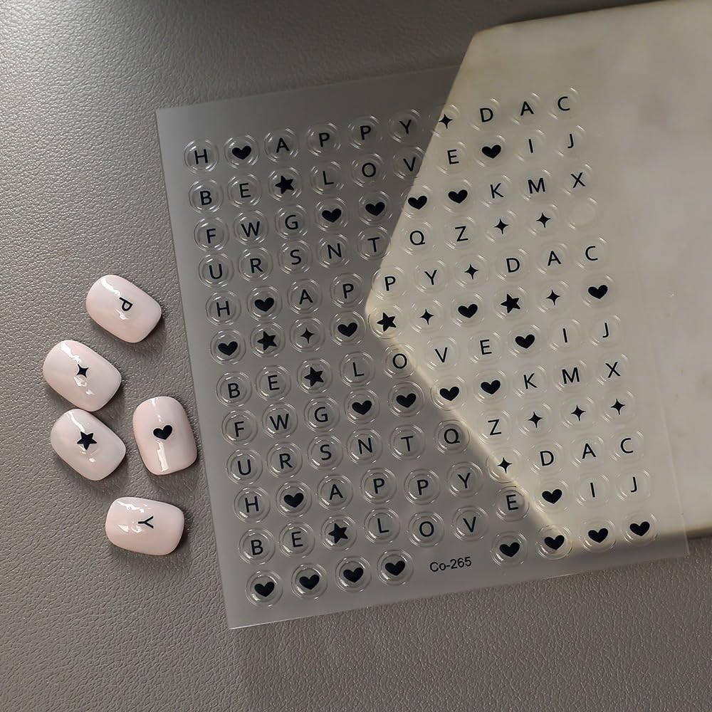 Black Heart Nail Art Stickers 5D Embossed Letter Nail Stickers Self-Adhesive With Star Design Shiny Valentines Nail Decals Sprin