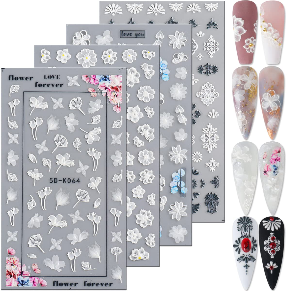 KINGMAS 5D Flower Nail Art Sticker Decals Hollow Exquisite Pattern Nail Art Supplies Self-Adhesive Luxurious DIY Nail Art Decora