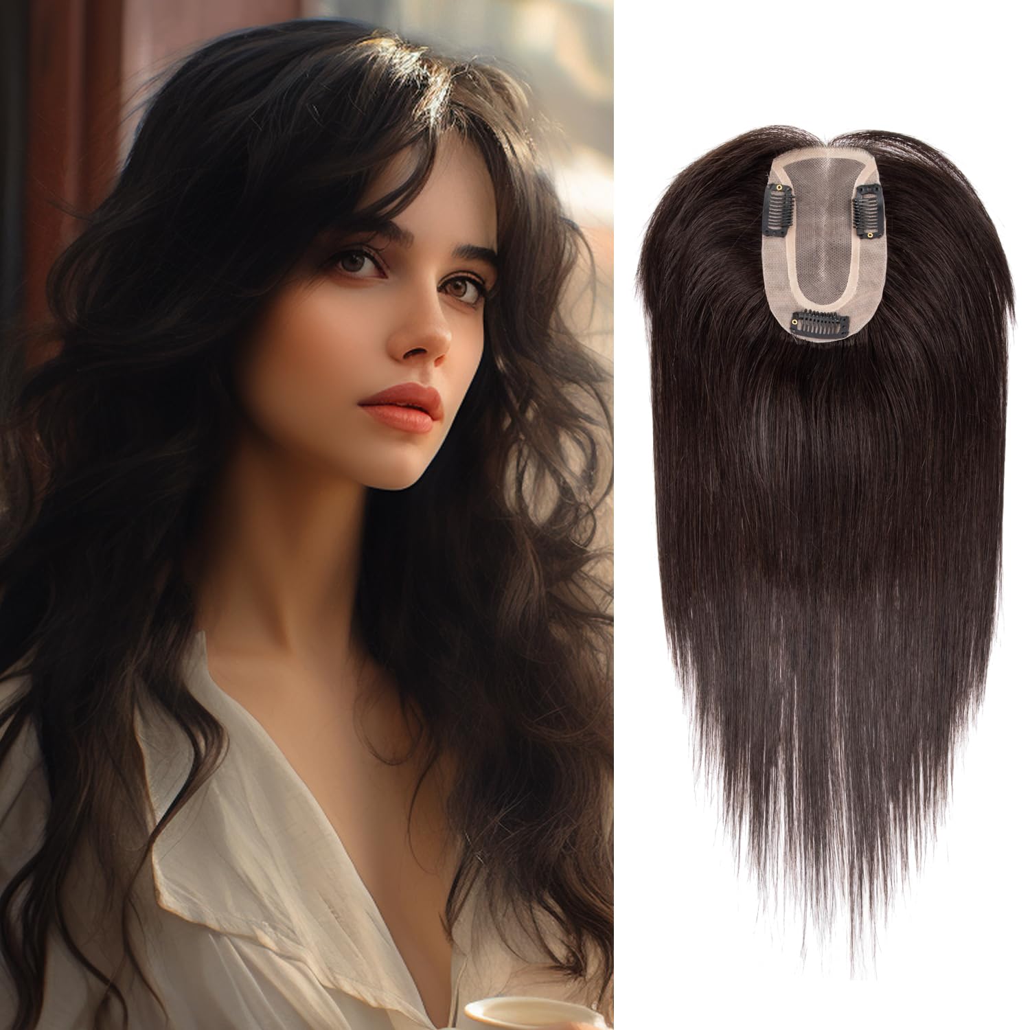 JIAJIA Teresa 10 Inch Human Hair Topper with Bangs,7 * 12CM Full Hand Tied Mono Base Toppers with Bangs Straight Clip in Human H