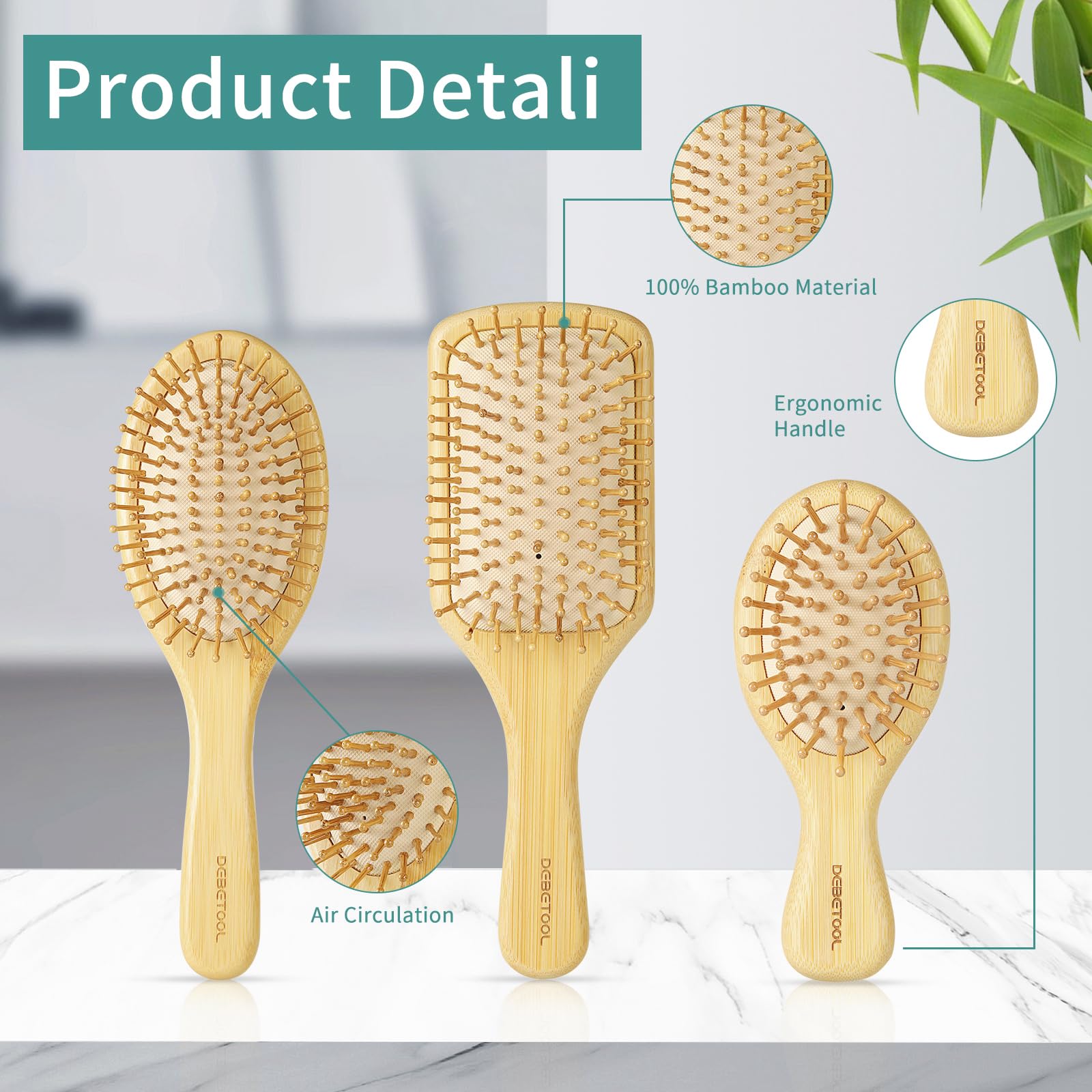 Debetool Bamboo Hair Brush And Comb Set For Women Men And Kids,Natural Bamboo Wood Wide-Tooth Brush And Tail Comb - Paddle Detan