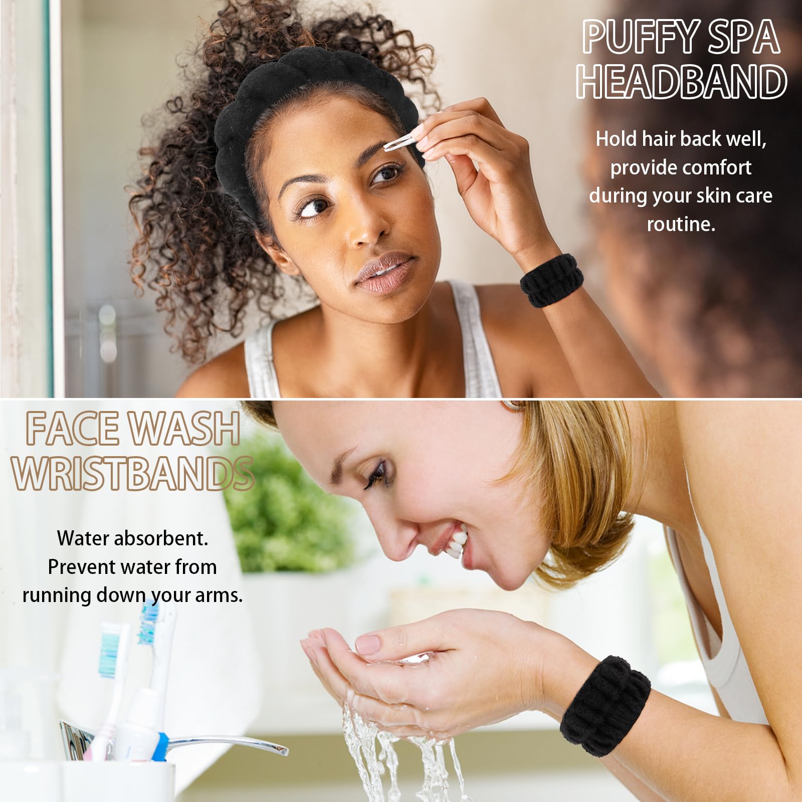 WHAVEL 6PCS Spa Headband and Wristband Set, Makeup Headband Puffy Skincare Headband Face Wash Headband for Washing Face Preppy S