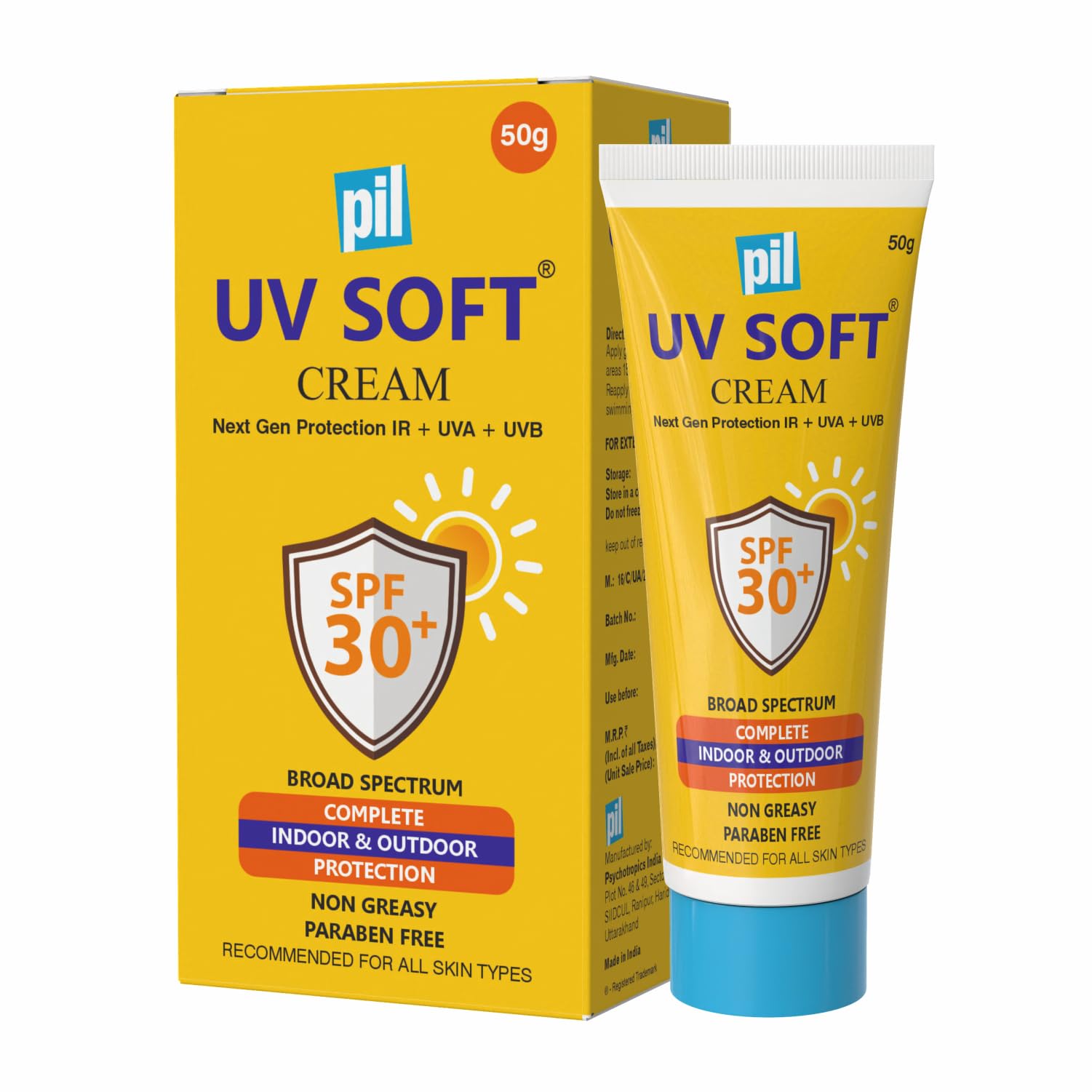 Pil Sunscreen SPF 30+ | UV Soft | Broad Spectrum | UVA, UVB, & IR Protection | Water Resistant | Non Comedogenic | 50 gms