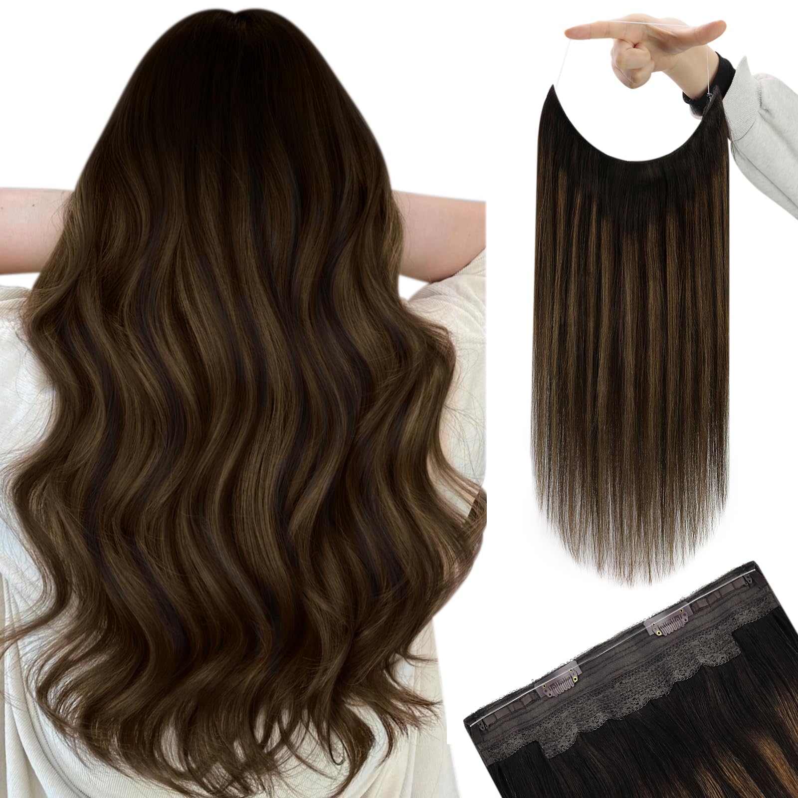 YoungSee Wire Hair Extensions Brown Balayage Straight Wire Real Hair - Darkest Brown & Medium Brown, Hypoallergenic Fish Line De