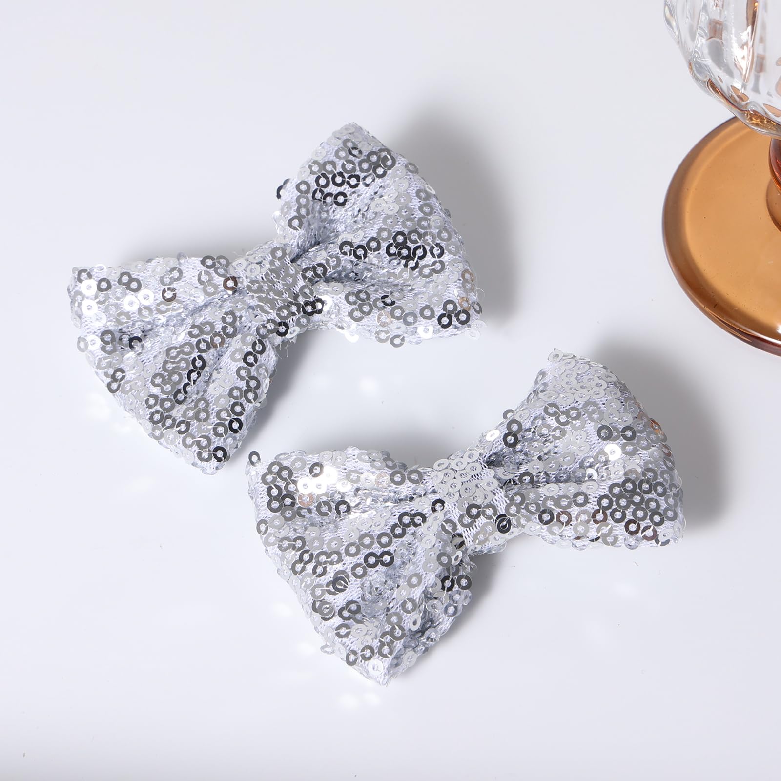 3'' Silver Sparkly Glitter Sequin Hair Bows Clips For Toddler Girls Valentines Christmas Birthday Gift Party Dress Outfit Decor