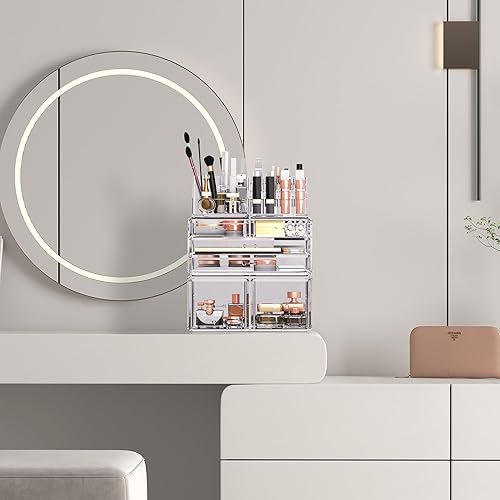 READAEER Makeup Organizer 3 Pieces Cosmetic Storage Case with 6 Drawers (Clear)