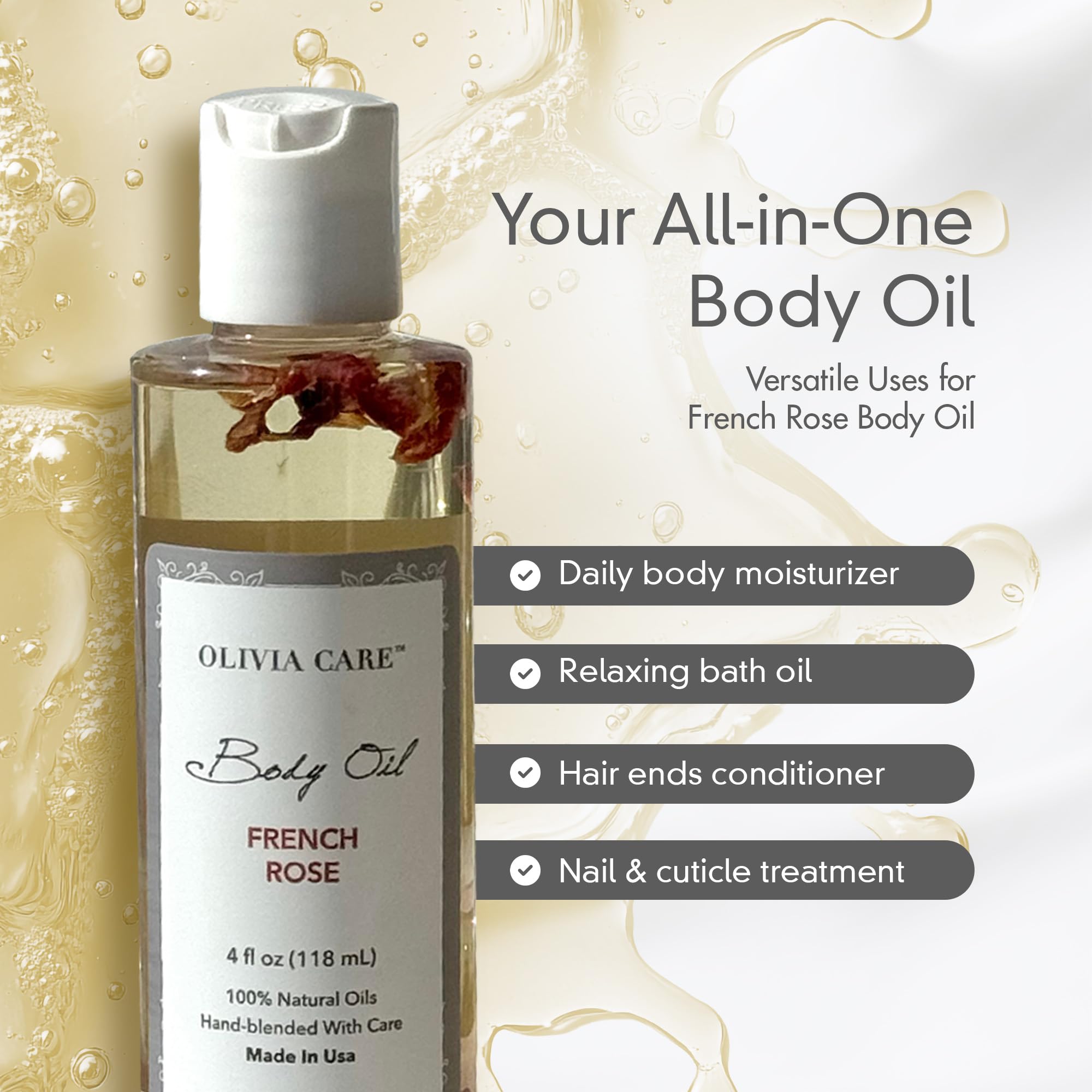 Olivia Care Body Oil - Natural Perfume Oil For Women | Hydrating & Moisturizing After Bath Oil - Infused With Vitamin E, K & Ome