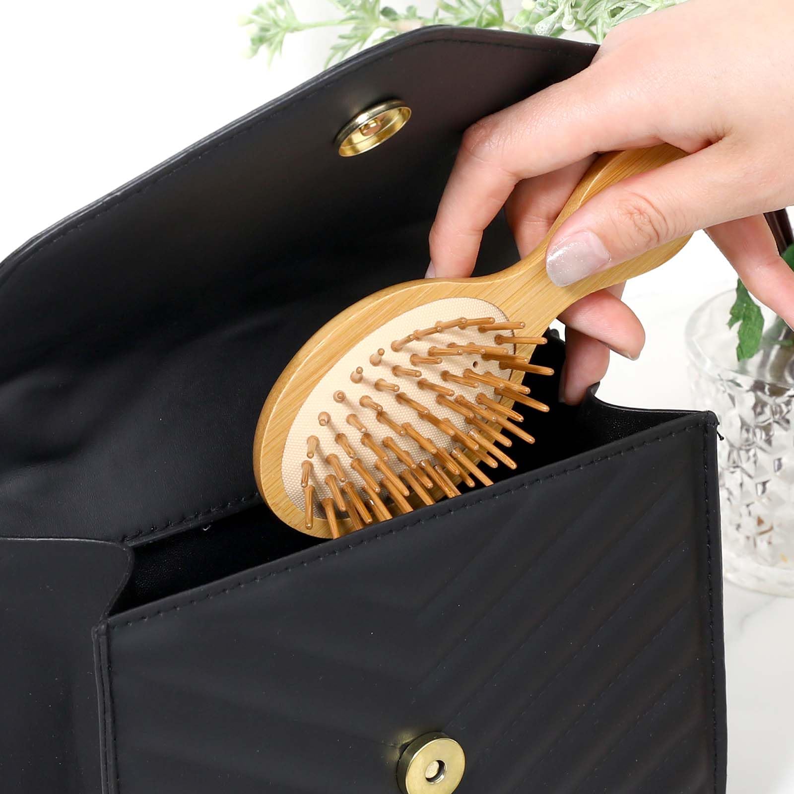 Mozeat Lens Mini Bamboo Detangling Hair Brush - Portable Wooden Comb for All Hair Types - Anti-Static, 5.5 Inch, Brown