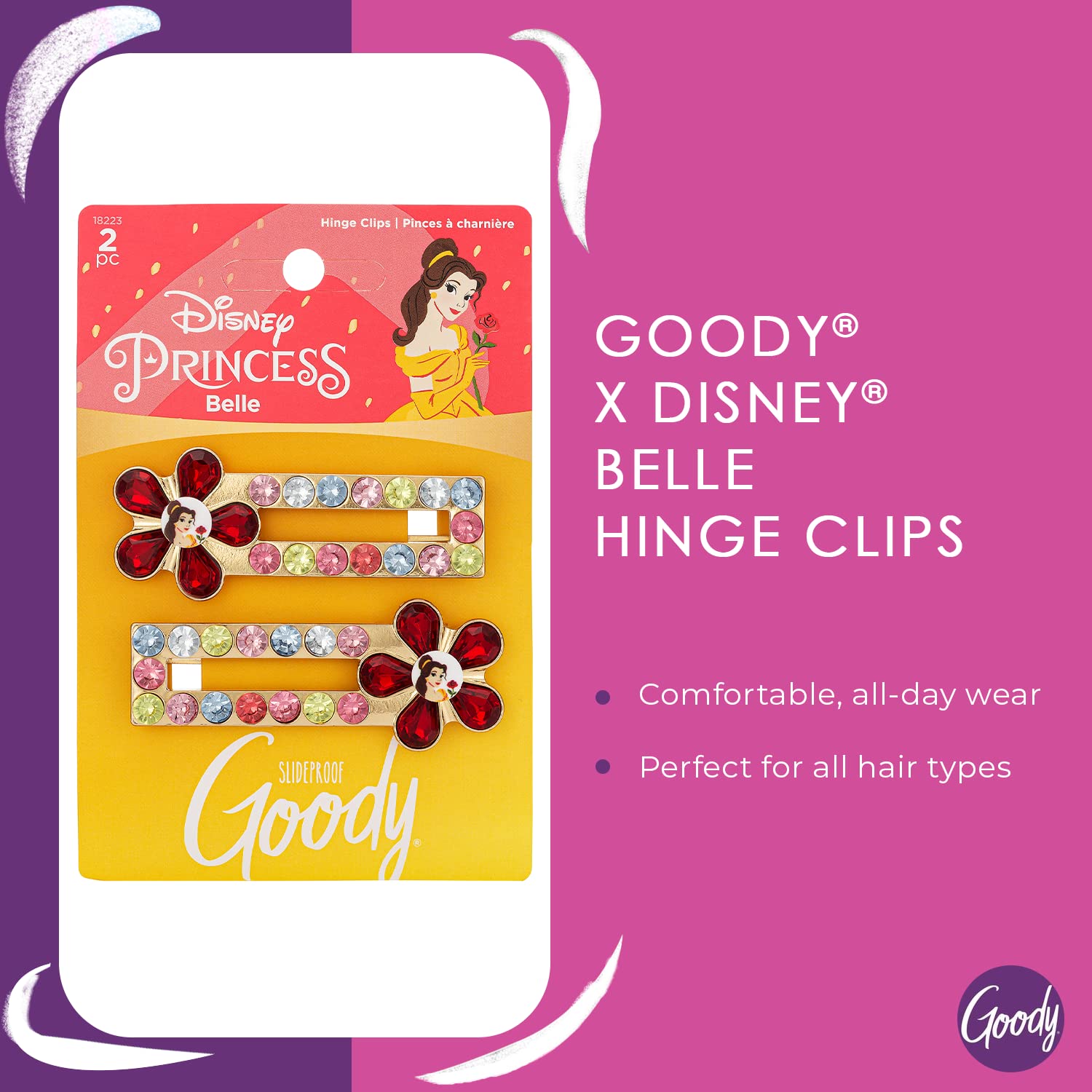 GOODY Hinge Jewel Clip - Disney Princess, Belle - Slideproof Rhinestone Hair Accessories for Men, Women, Boys & Girls - Style Wi