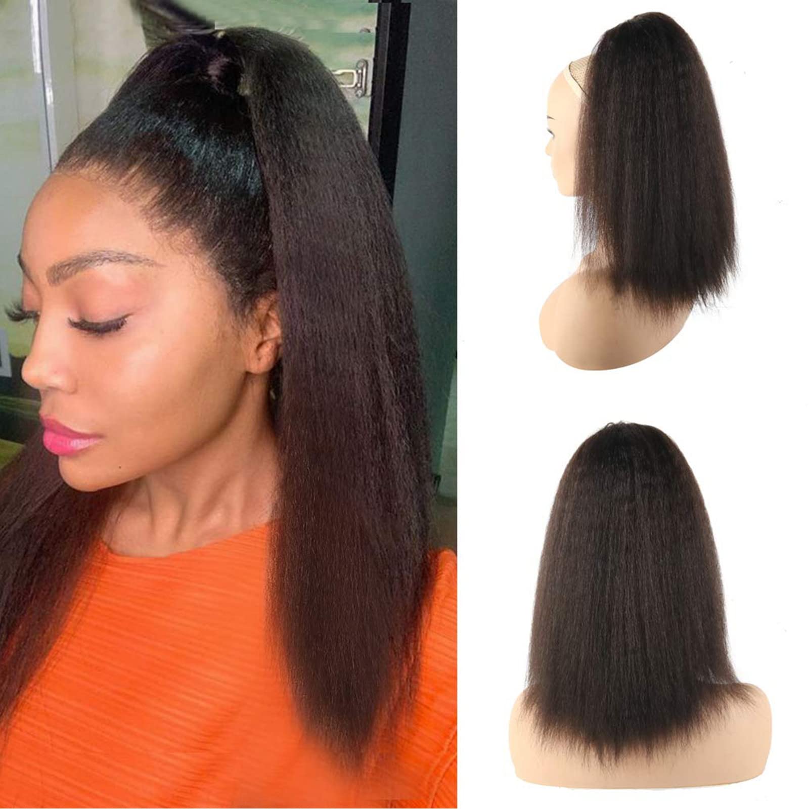 LEOSA Kinky Ponytail Extension Drawstring Ponytail for Black Women Short Natural Black Yaki Straight Drawstring Ponytail Hair Ex