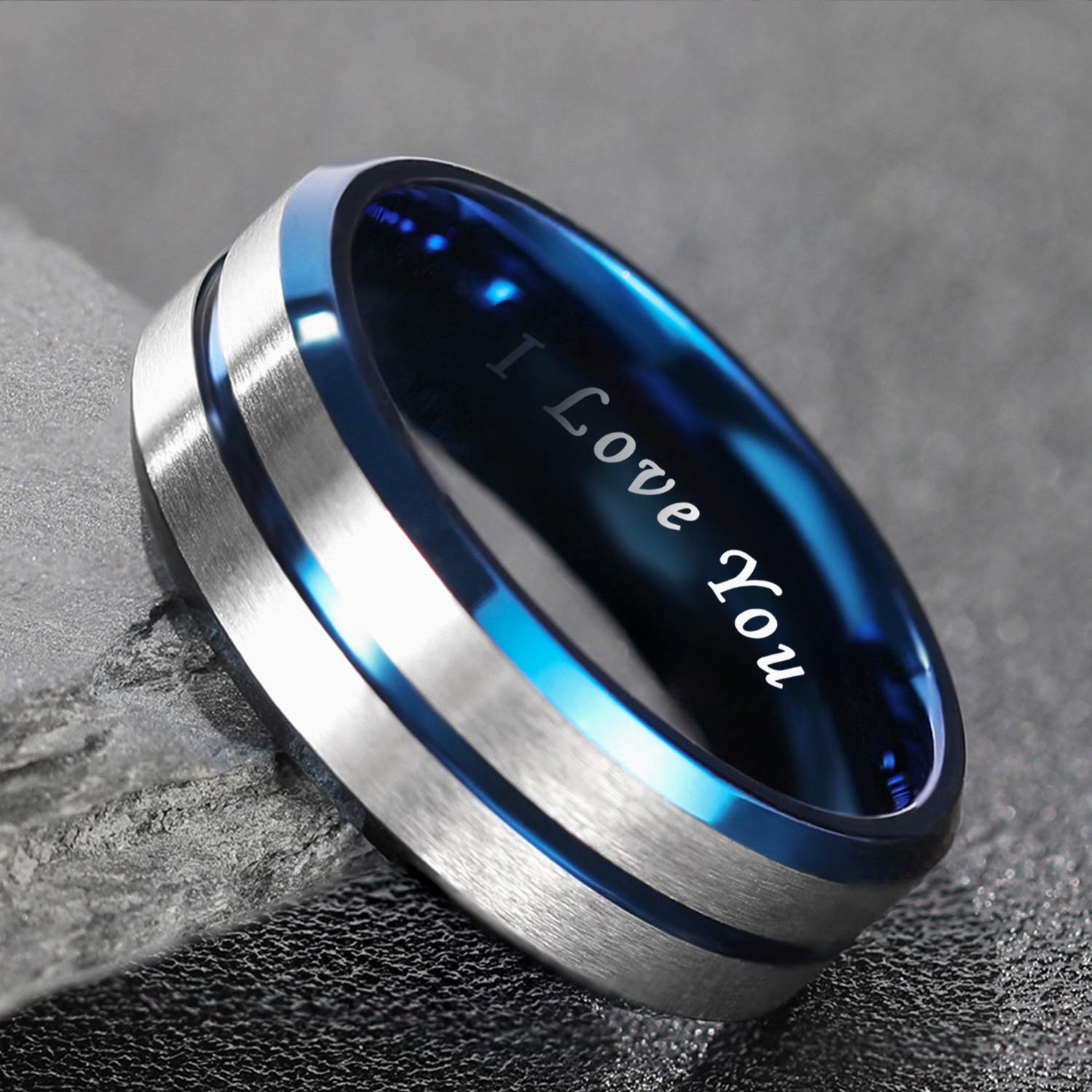 Greenpod 8mm Tungsten Ring for Men Blue Thin Groove Line Dome Brushed Engraved I Love You Comfort Fit Wedding Band Size 10