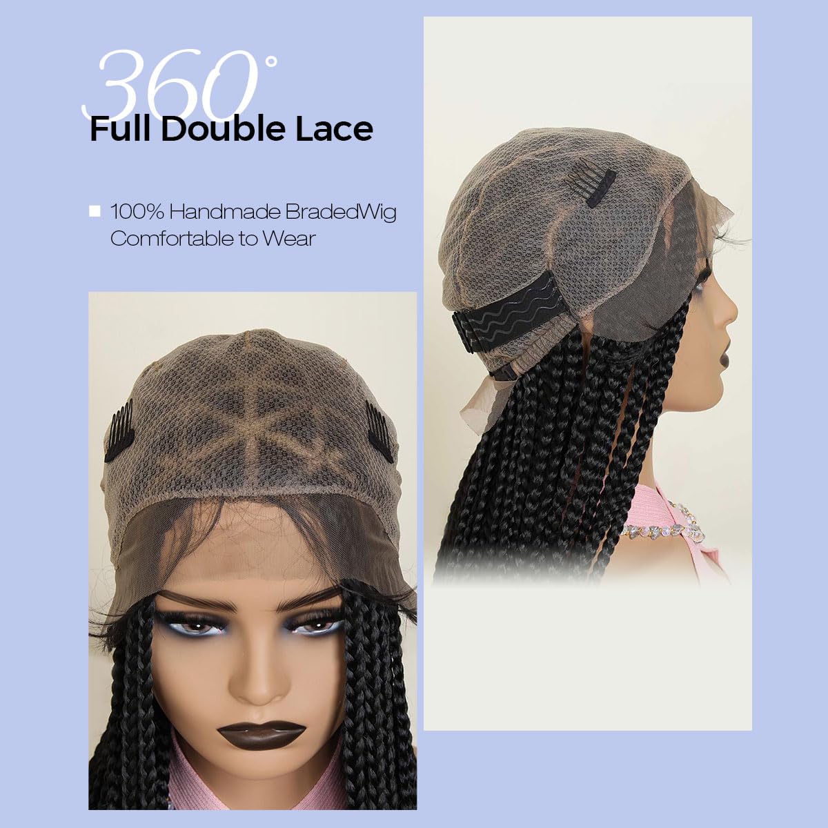 KRALER 36" Box Braided Wig for Black Women, Glueless Lace Knotless, Natural Black