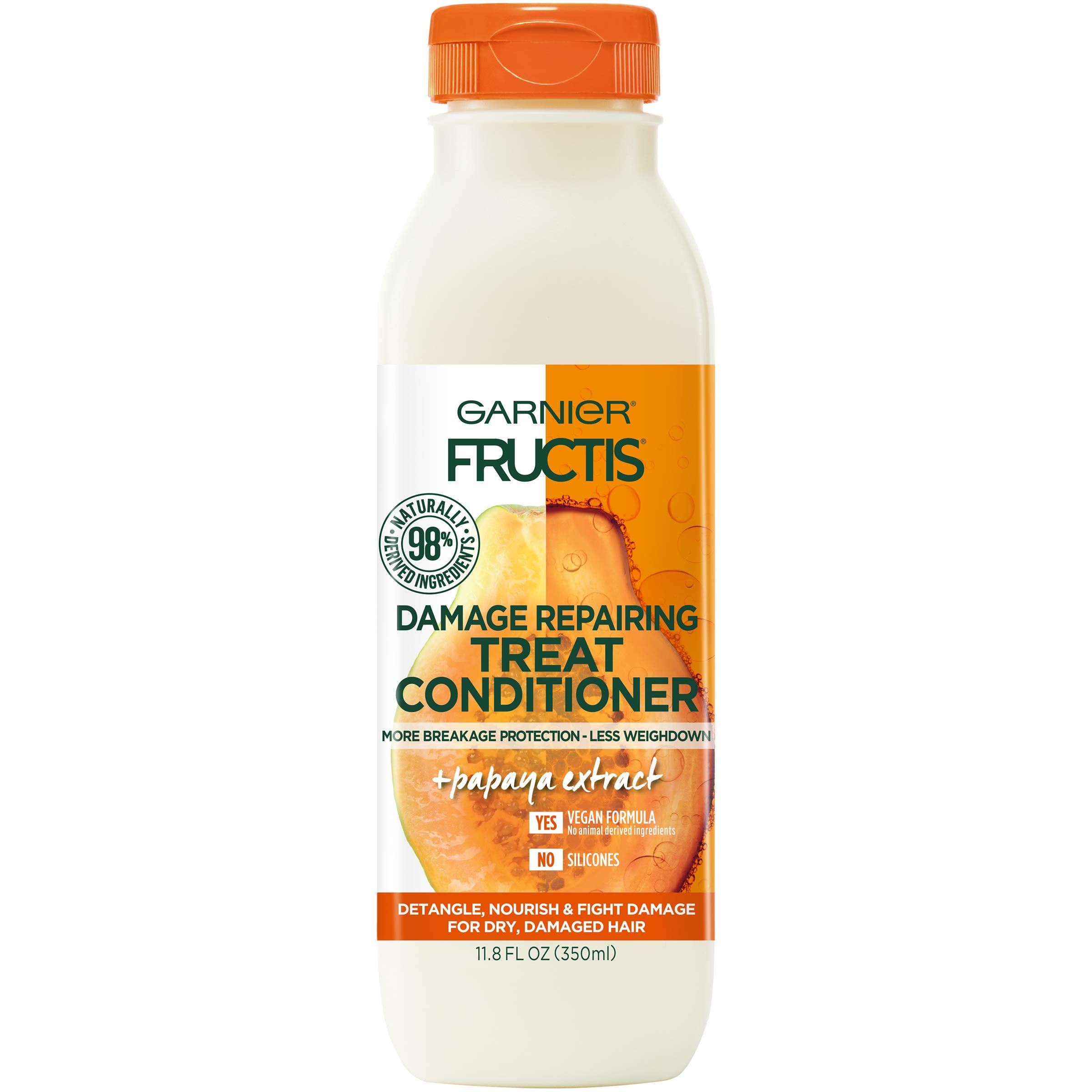 Garnier Fructis Damage Repairing Treat Conditioner, 98% Naturally Derived Ingredients, Papaya, Nourish Dry Damaged Hair, 11.8 Fl
