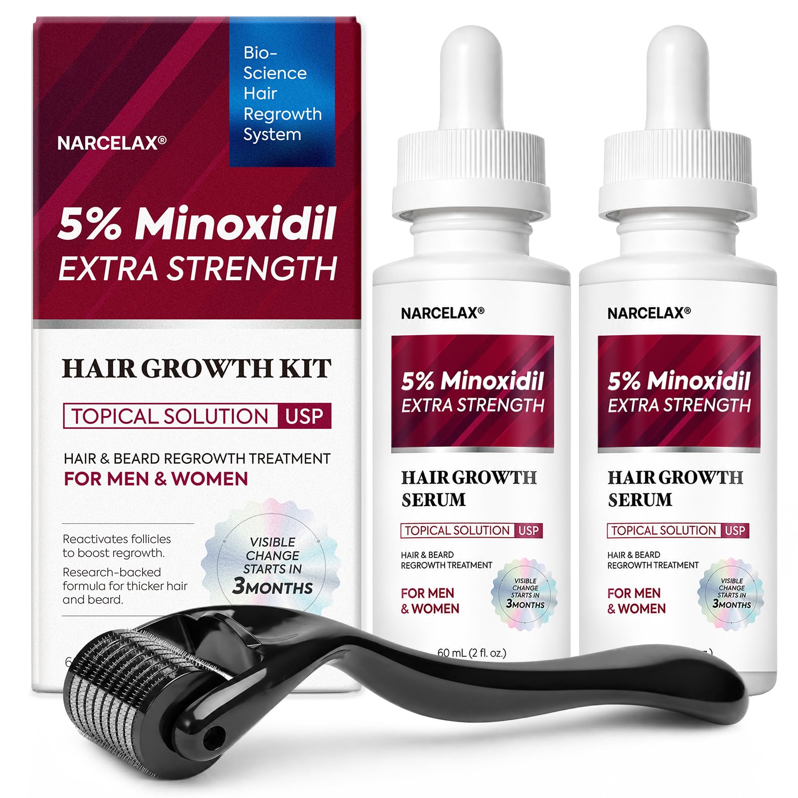 5% Minoxidil Hair Growth Kit for Men and Women: Extra Strength Minoxidil Beard Regrowth Treatment Serum with Biotin for Thinning