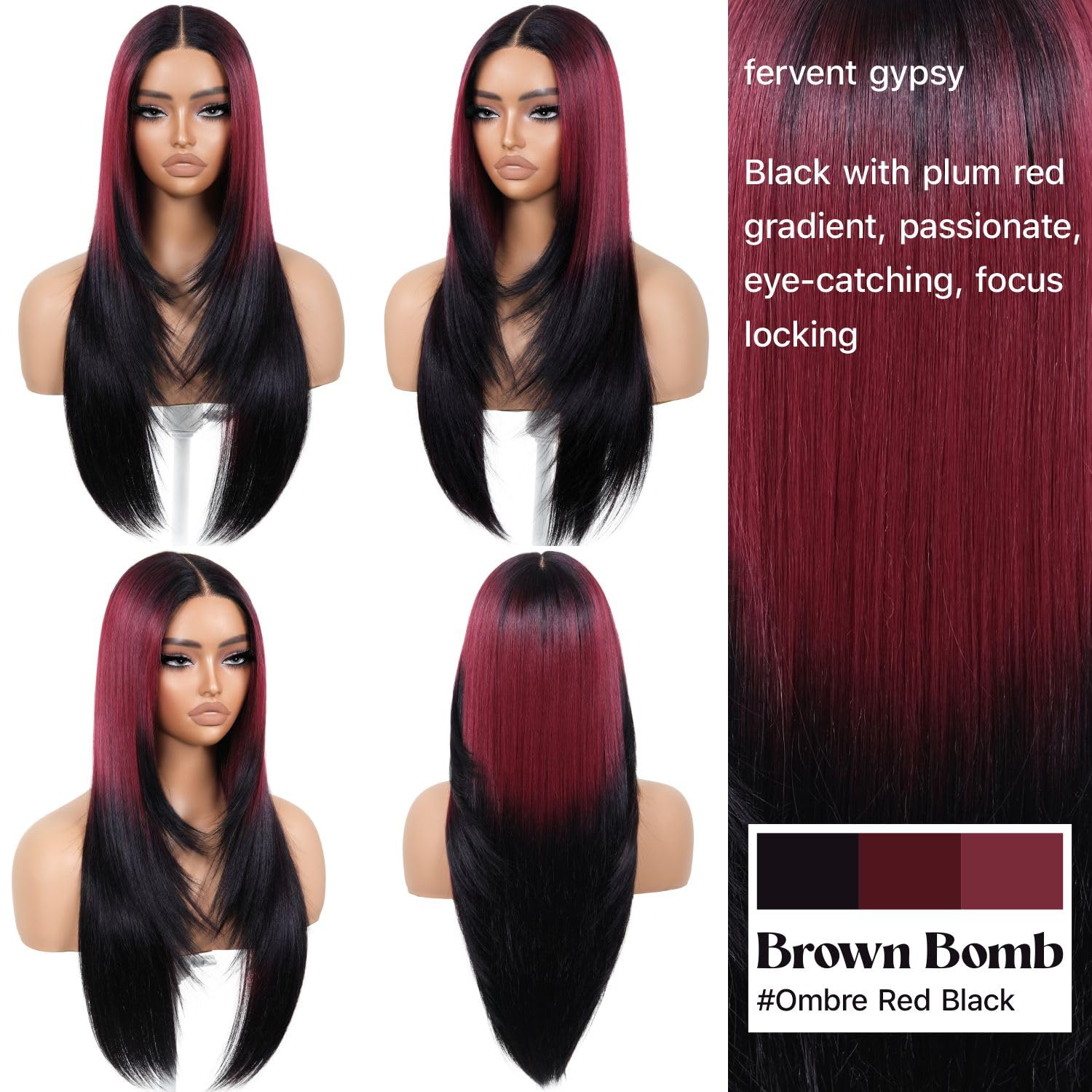 BrownBomb Ombre Red Black Wear and Go Glueless Wigs Pre Plucked Pre Cut for Beginners Synthetic Lace Front Wigs With Bangs Long