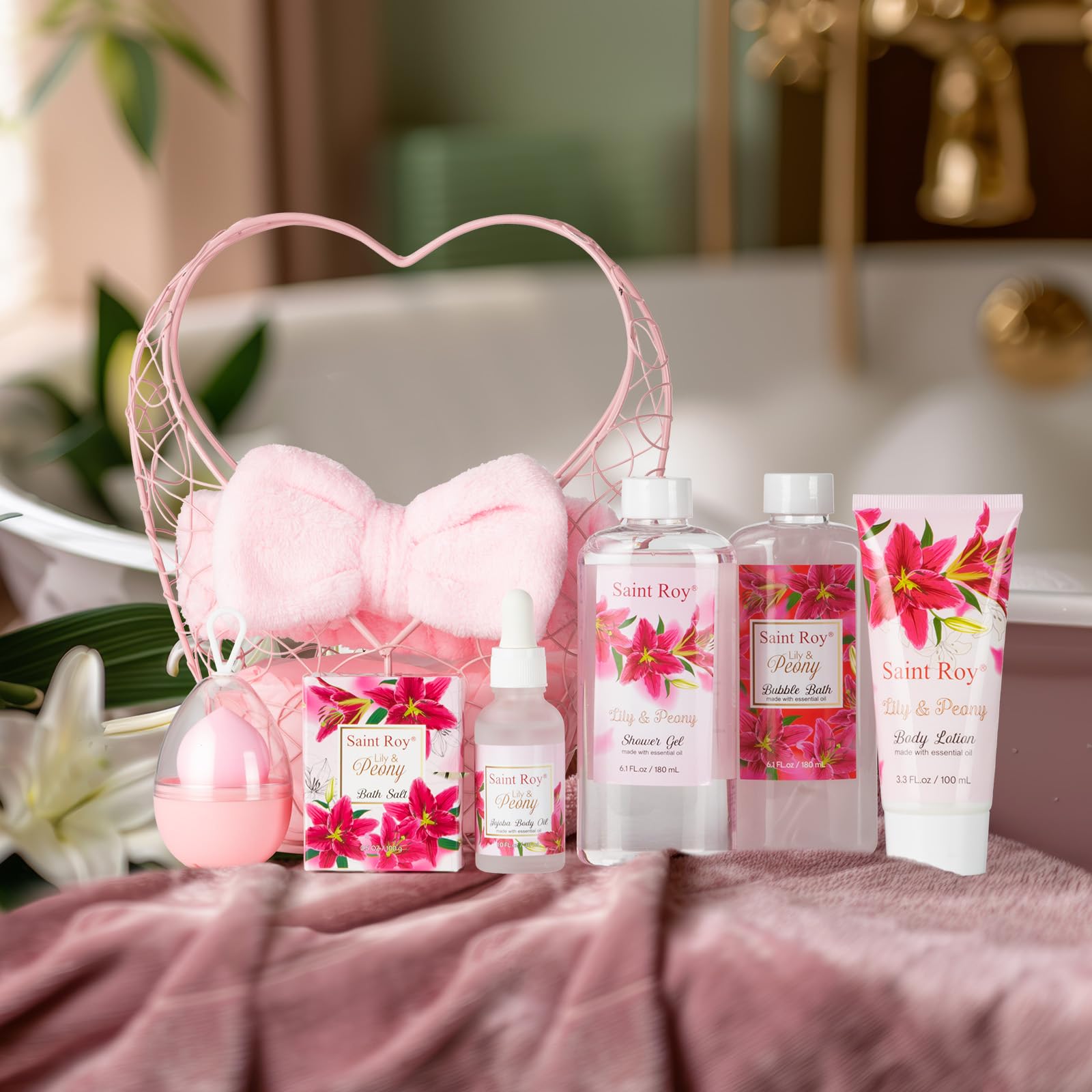 Gift Basket For Women, 8Pcs Spa Set Of Lily & Peony Home Spa Set, Beauty Personal Care Set Includes Jojoba Essential Oil, Spa Se