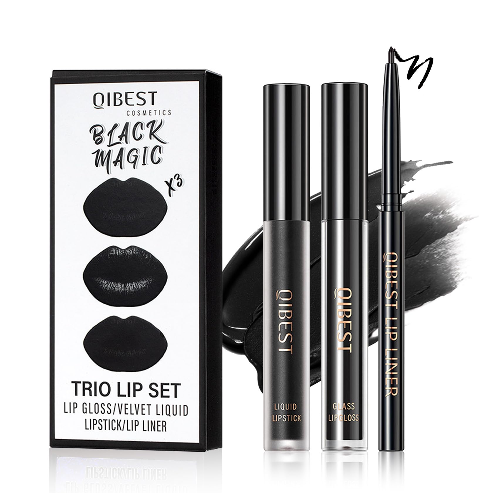 QIUFSSE 3 in 1 Black Lip Liner Pencil and Lipstick lipgloss Set Matte Black Lipstick Lip Gloss Kit Long-lasting Nonstick Cup Smu