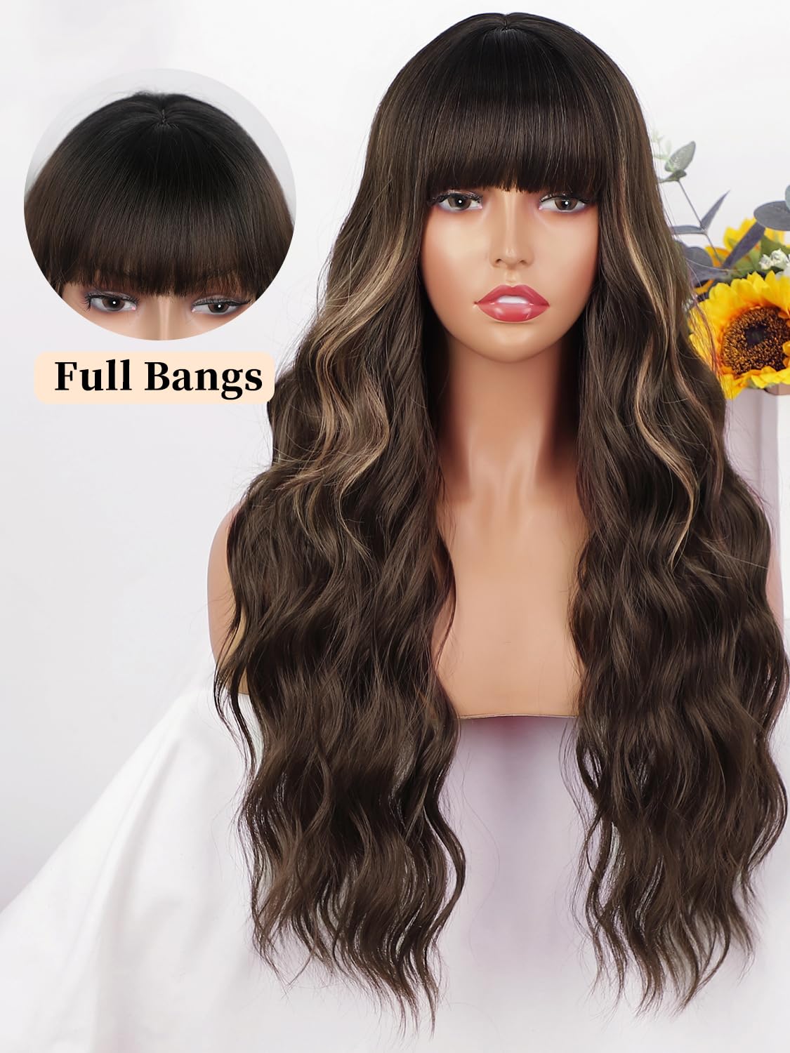 Aisi Queens Brown Wig With Bangs For Women Long Wavy Hair Wig Brown Highlight Wig Curly Wavy Synthetic Wigs For Girls Daily Part