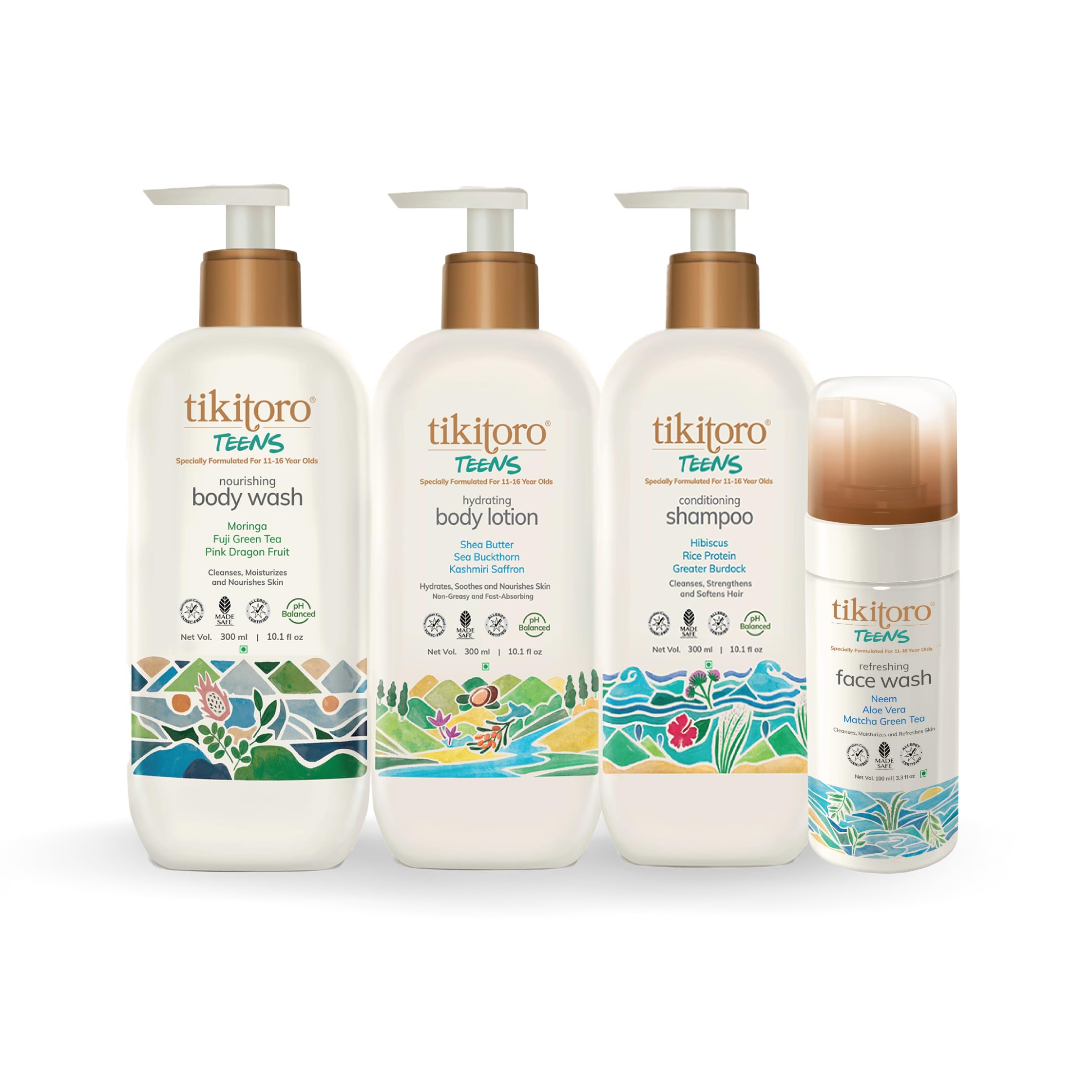 Tikitoro Teens Natural Bath Set Combo: Offer Pack - 300Ml X 3 & 100Ml X 1, Nourishing Body Wash, Conditioning Shampoo, Refreshin