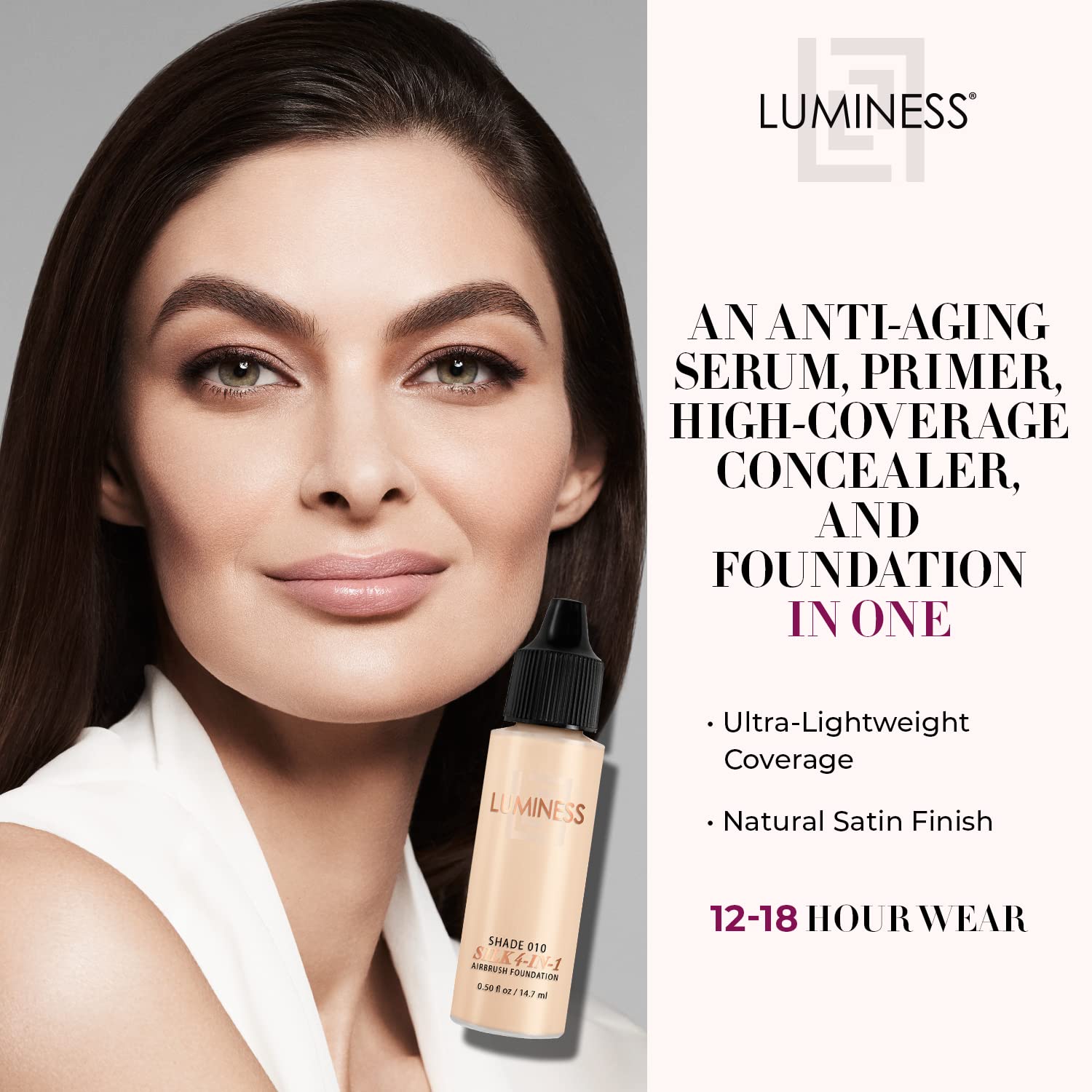 Luminess Air Silk 4-In-1 Airbrush Foundation- Foundation, Shade 010 (.5 Fl Oz) - Sheer to Medium Coverage - Anti-Aging Formula H