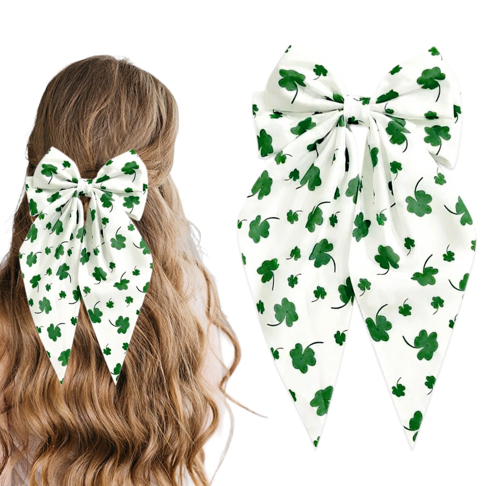 St. Patrick Day Hair Clips for Women Lucky Shamrock Hair Bow Clips Big Bows Hair Clip for Girls Green Clover Hairpins Parade Pon