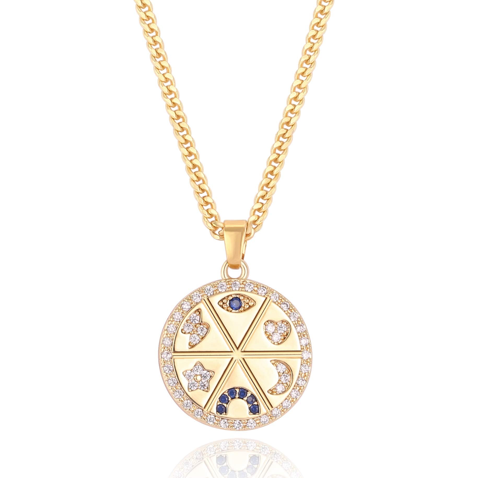 Aobei Pearl Blue Evil Eye Horseshoe Pendant Coin Necklace 18k Gold Cuban Chain with Lucky Symbol Charm Amulet Protection Jewelry