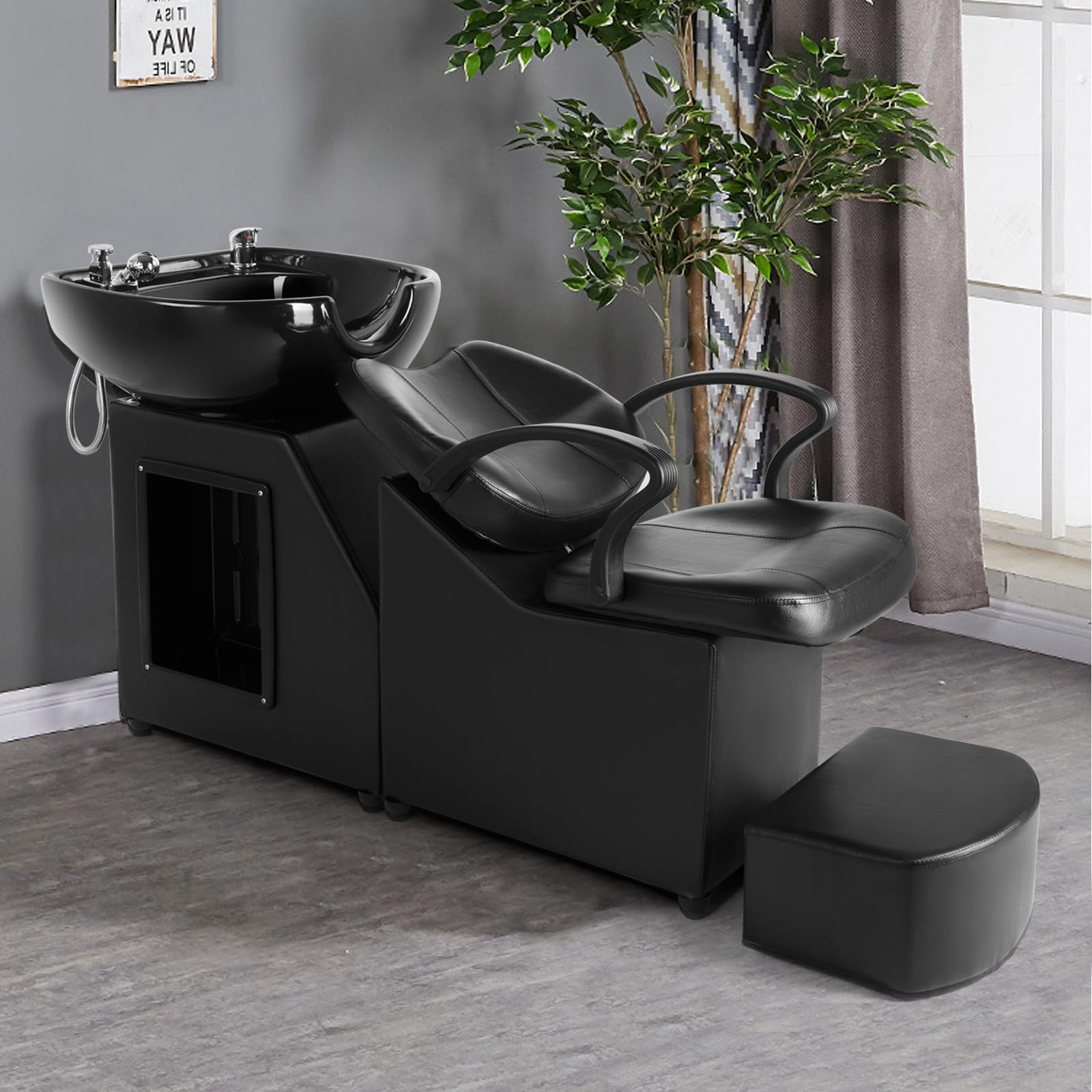 Artist Hand Shampoo Bowls For Salons With Chair, Shampoo Barber Backwash Chair Ceramic Shampoo Bowl Sink Chair, With Foot Pedal