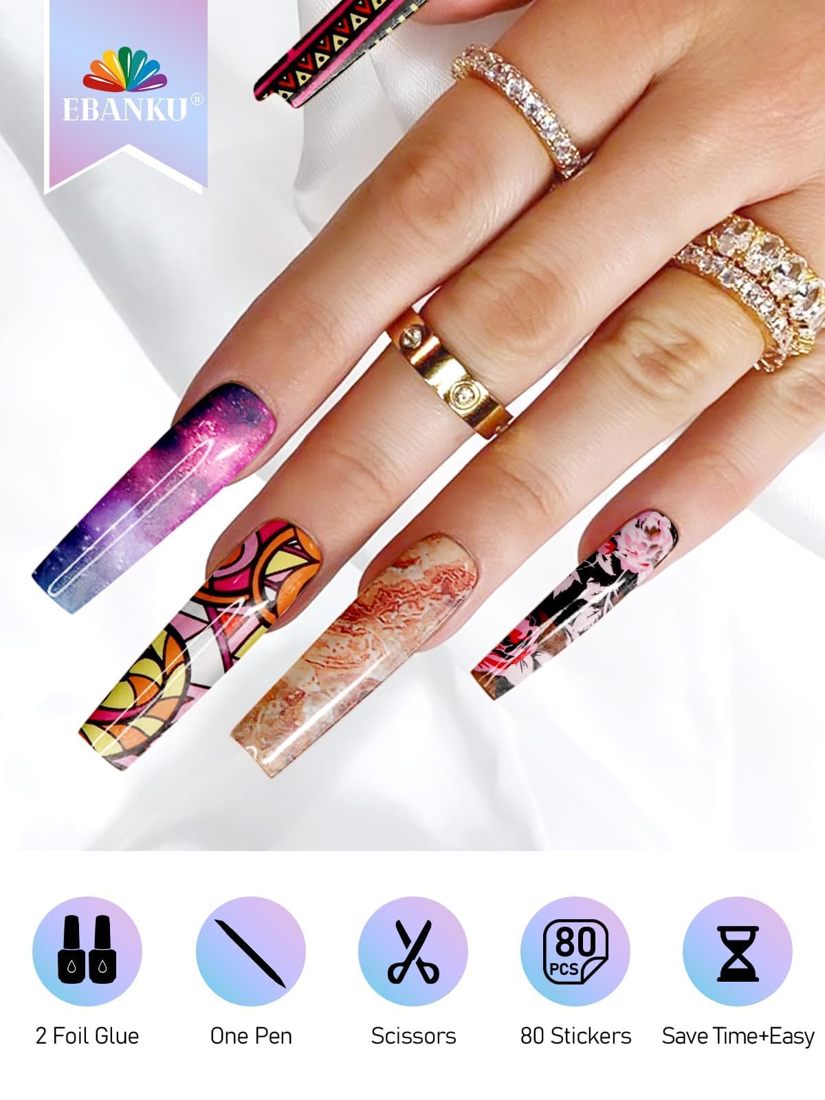 EBANKU 80 Pcs Nail Art Foil with 30ML Nail Foil Glue Gel, Starry Sky Flower Foils Transfer Stickers Foils Gels Polish Set for Sa